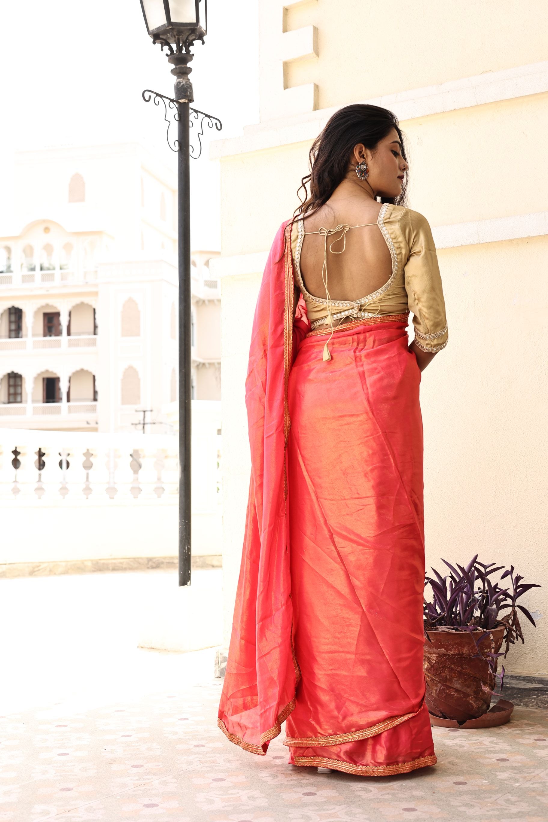 Gorgeous Red Pink Satin Georgette Saree with Lace Border