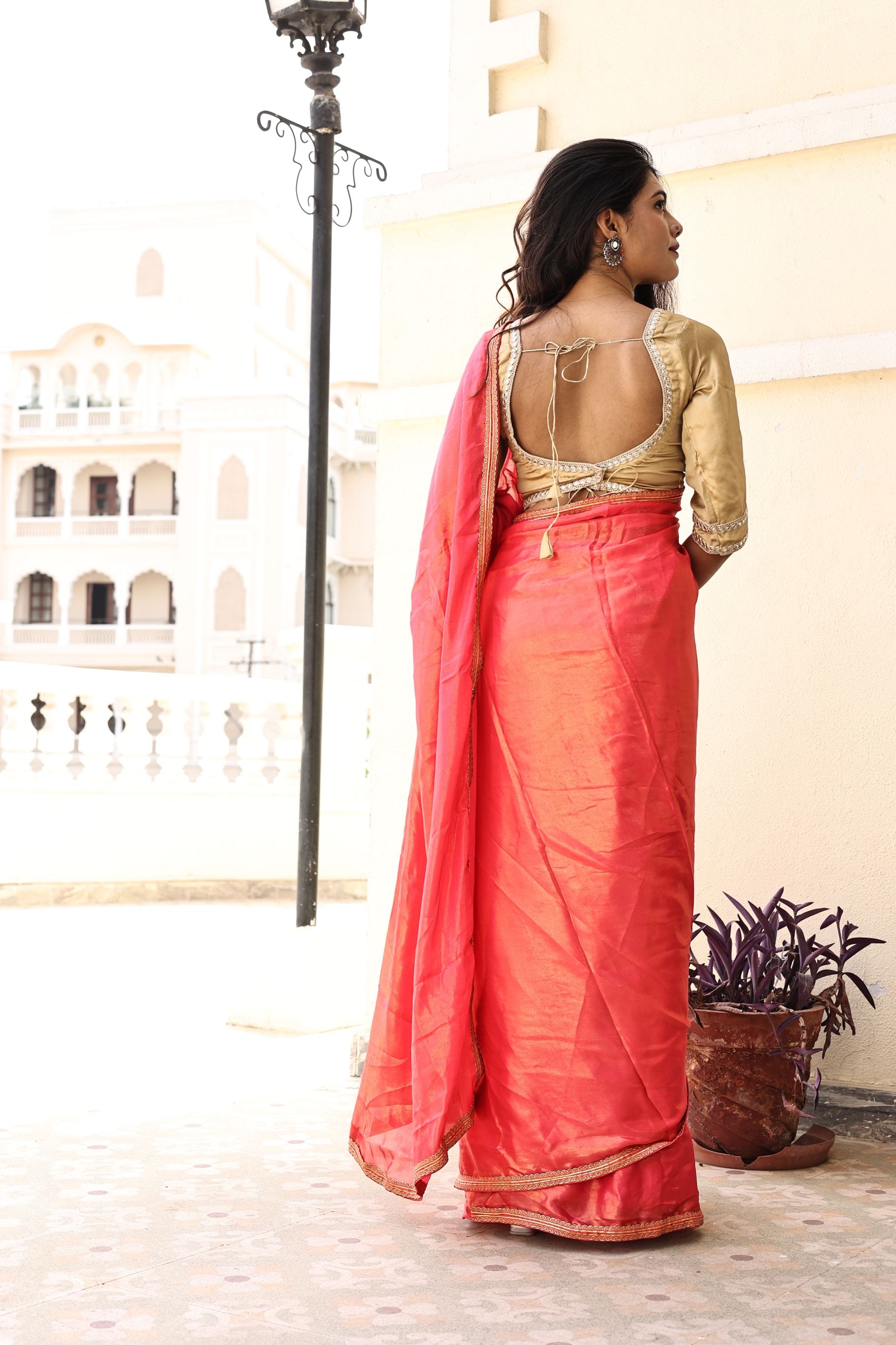 Gorgeous Red Pink Satin Georgette Saree with Lace Border