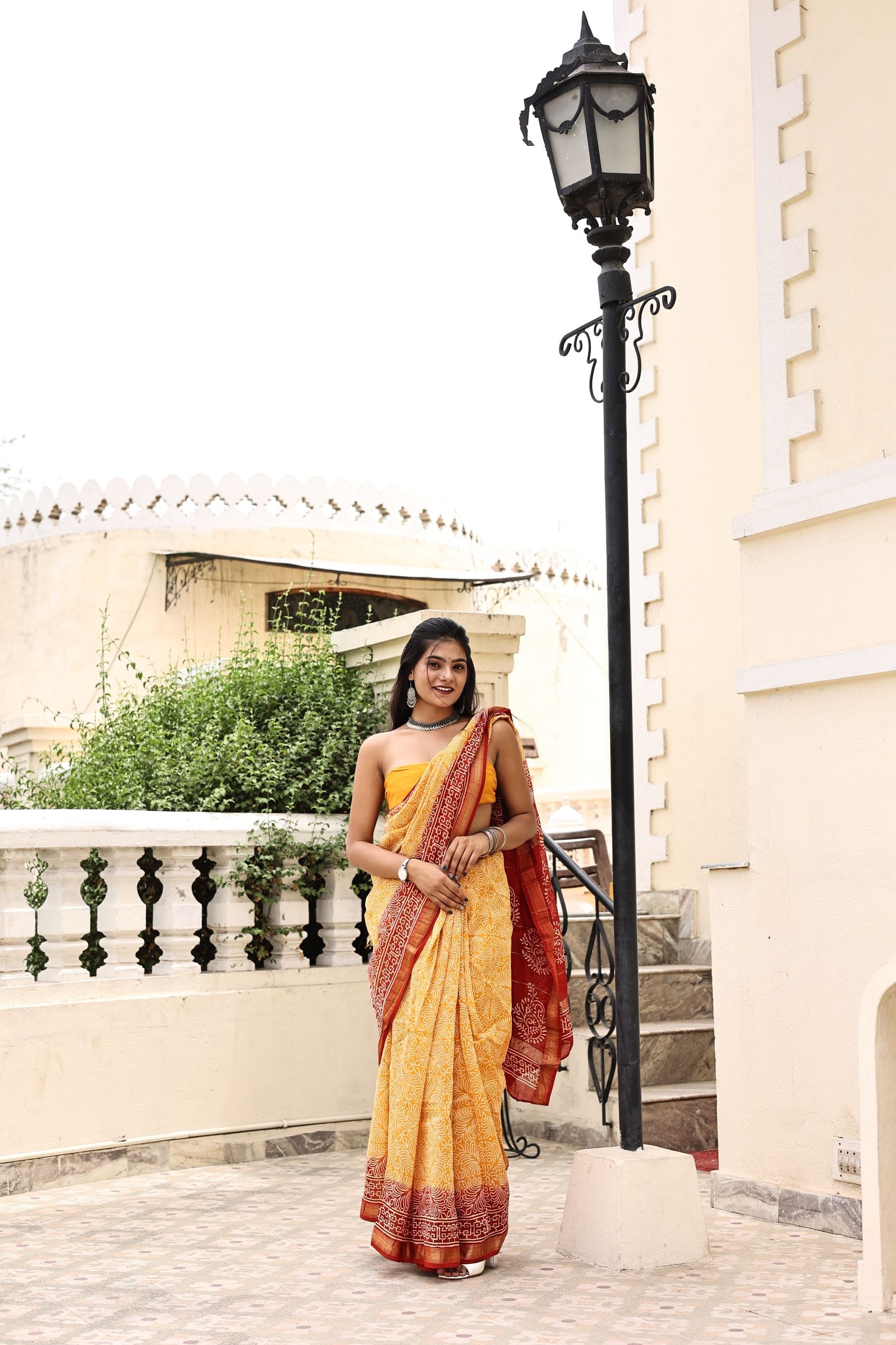 Elegant Orange Maheshwari Silk Handblock Saree Gold Zari Nature Inspired