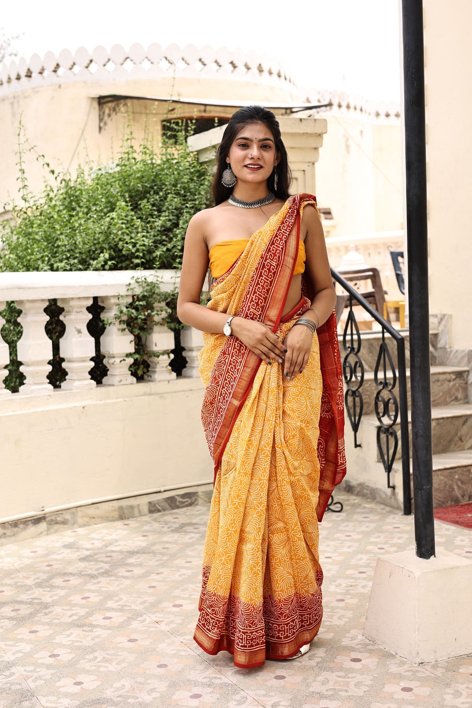 Elegant Orange Maheshwari Silk Handblock Saree Gold Zari Nature Inspired