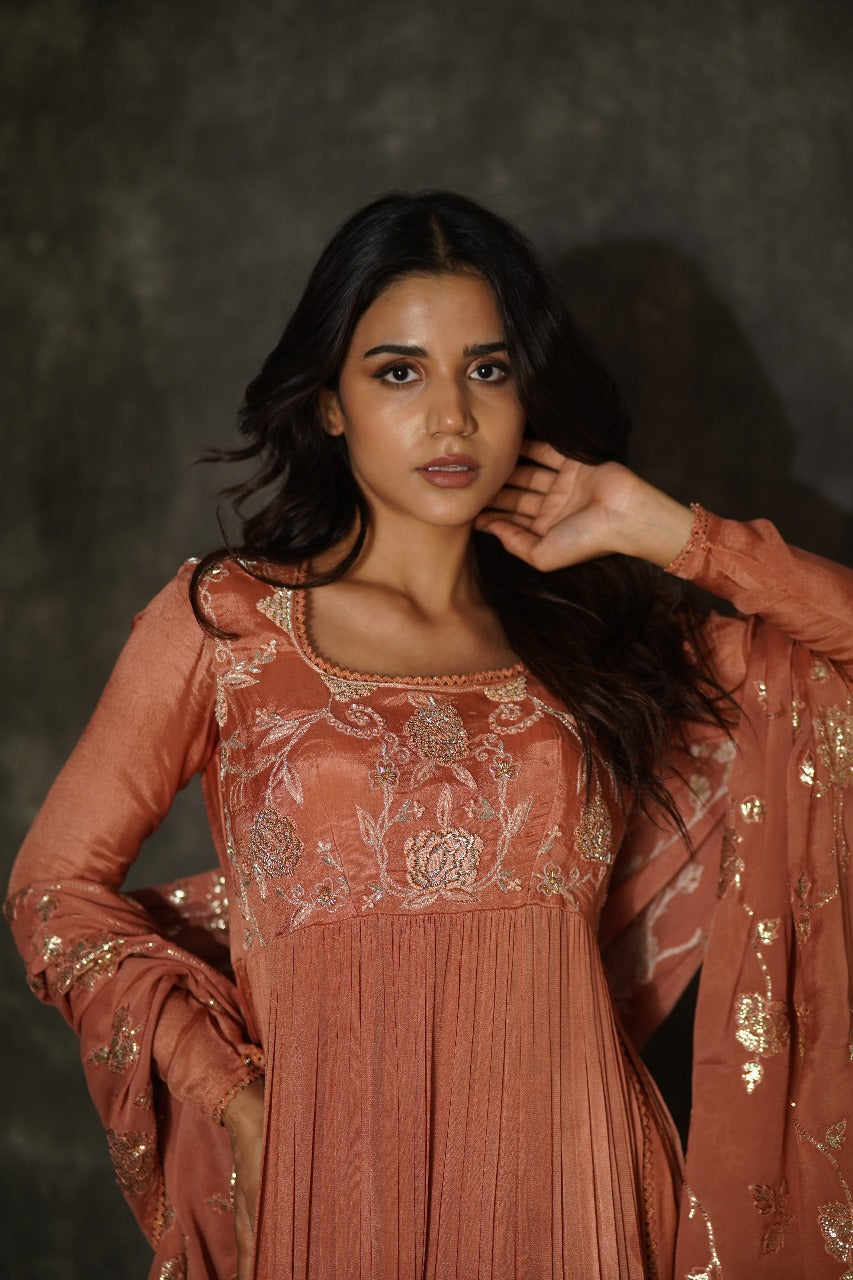 Manorama Rust Orange Chiffon Anarkali with Crocia Borders - Wedding Wear