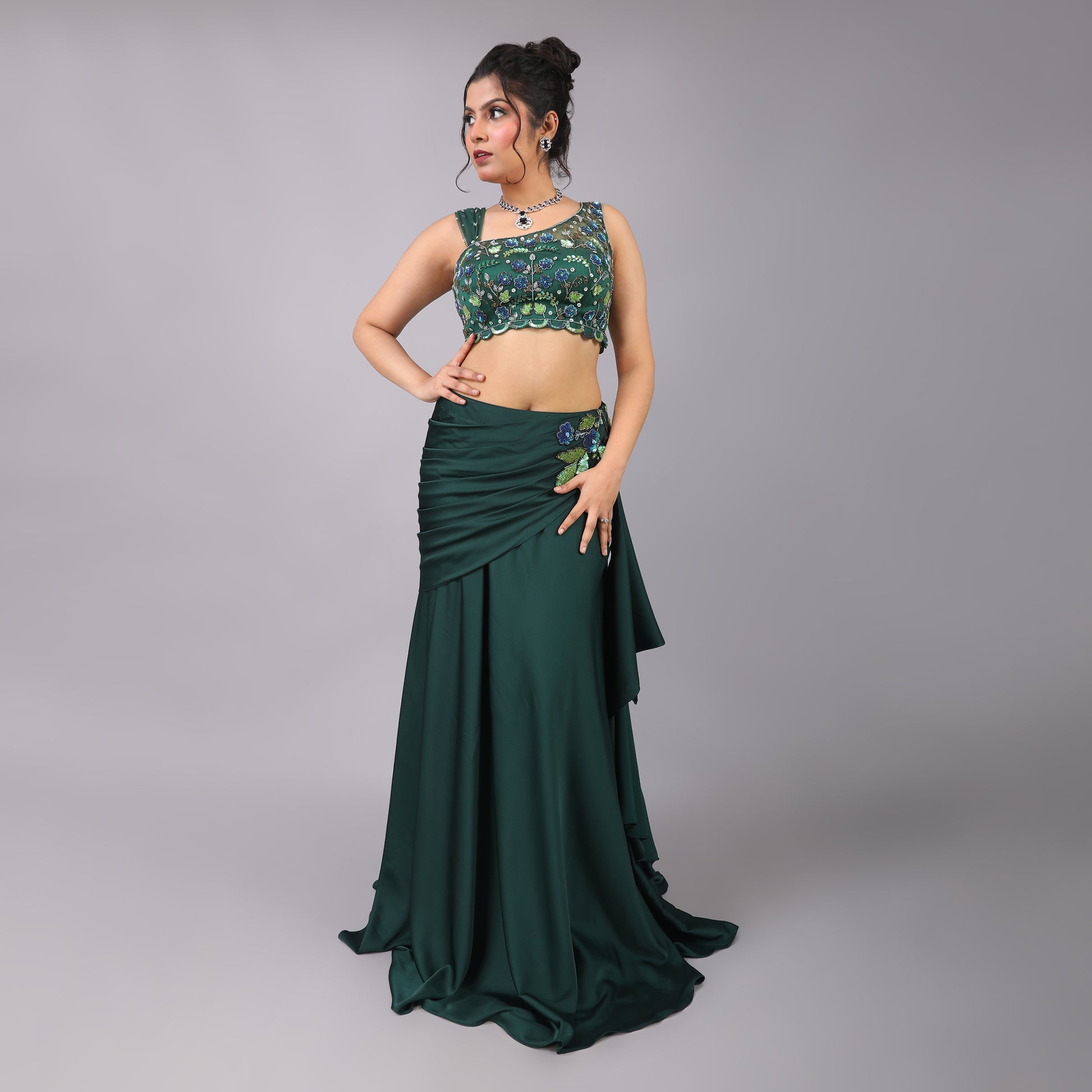 Emerald Green Asymmetrical Armani Satin Drape Skirt Set