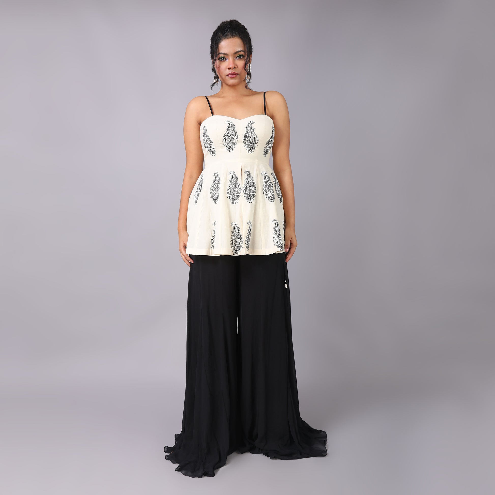Elegant Ivory Peplum Black Georgette Sharara Beaded Dupatta