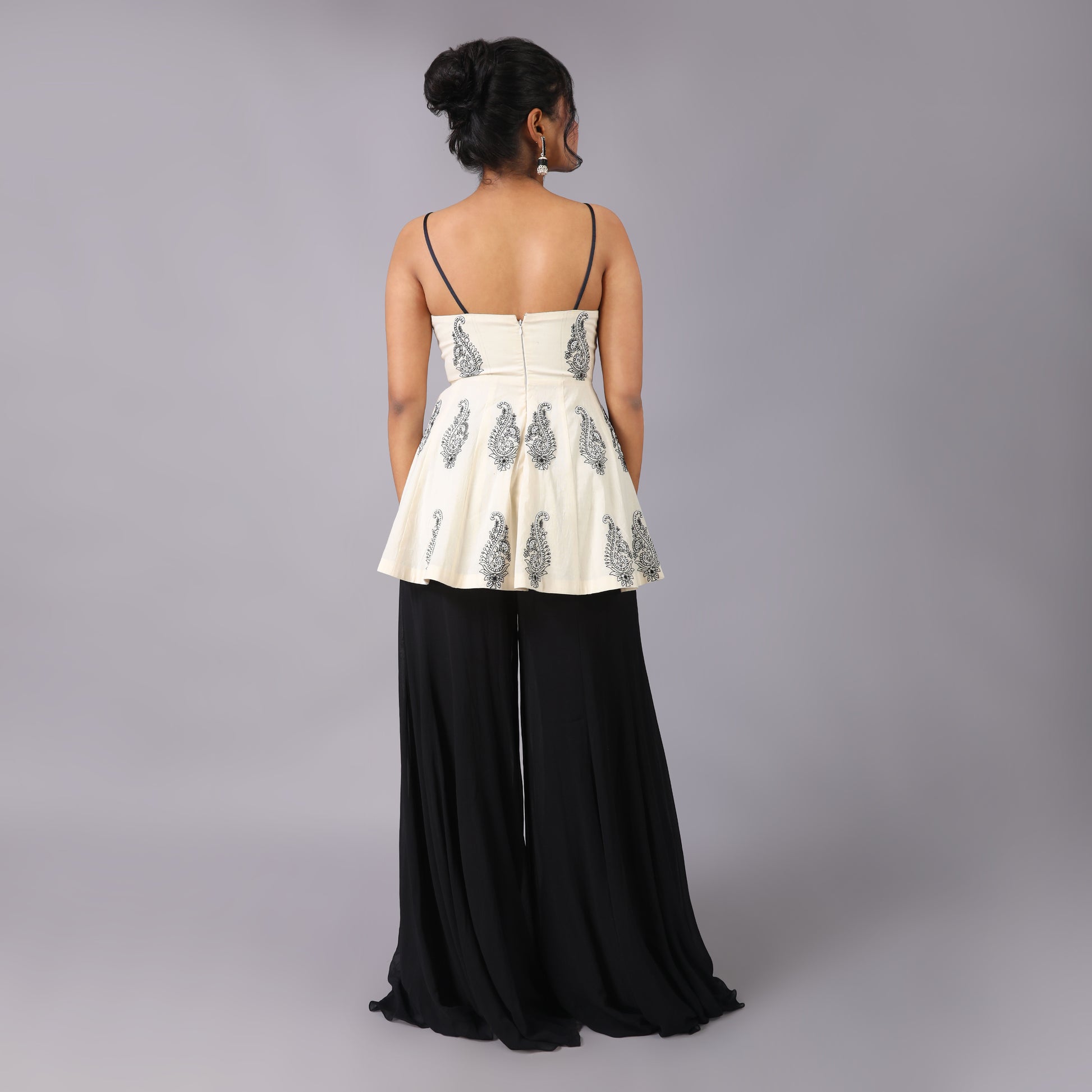 Elegant Ivory Peplum Black Georgette Sharara Beaded Dupatta