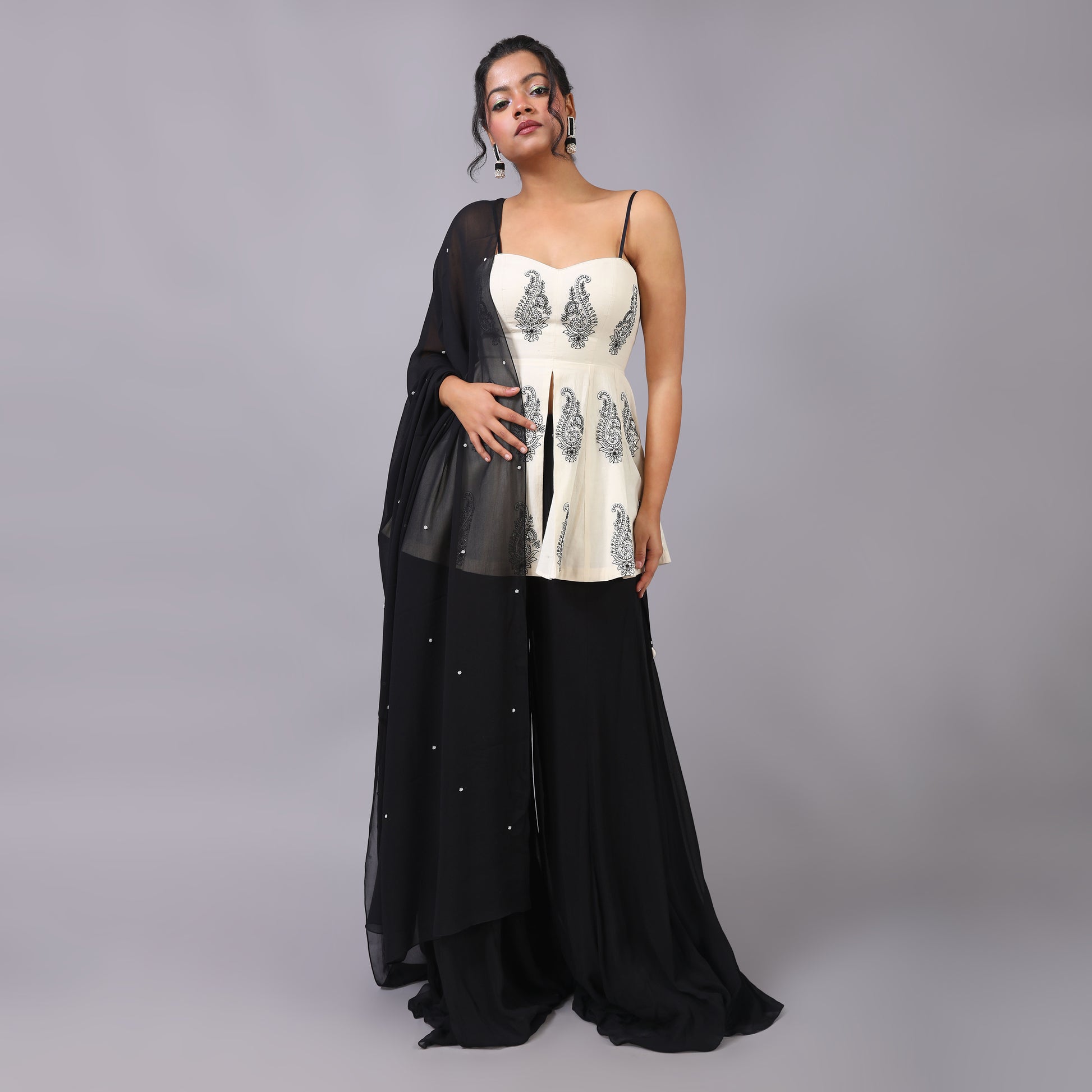 Elegant Ivory Peplum Black Georgette Sharara Beaded Dupatta