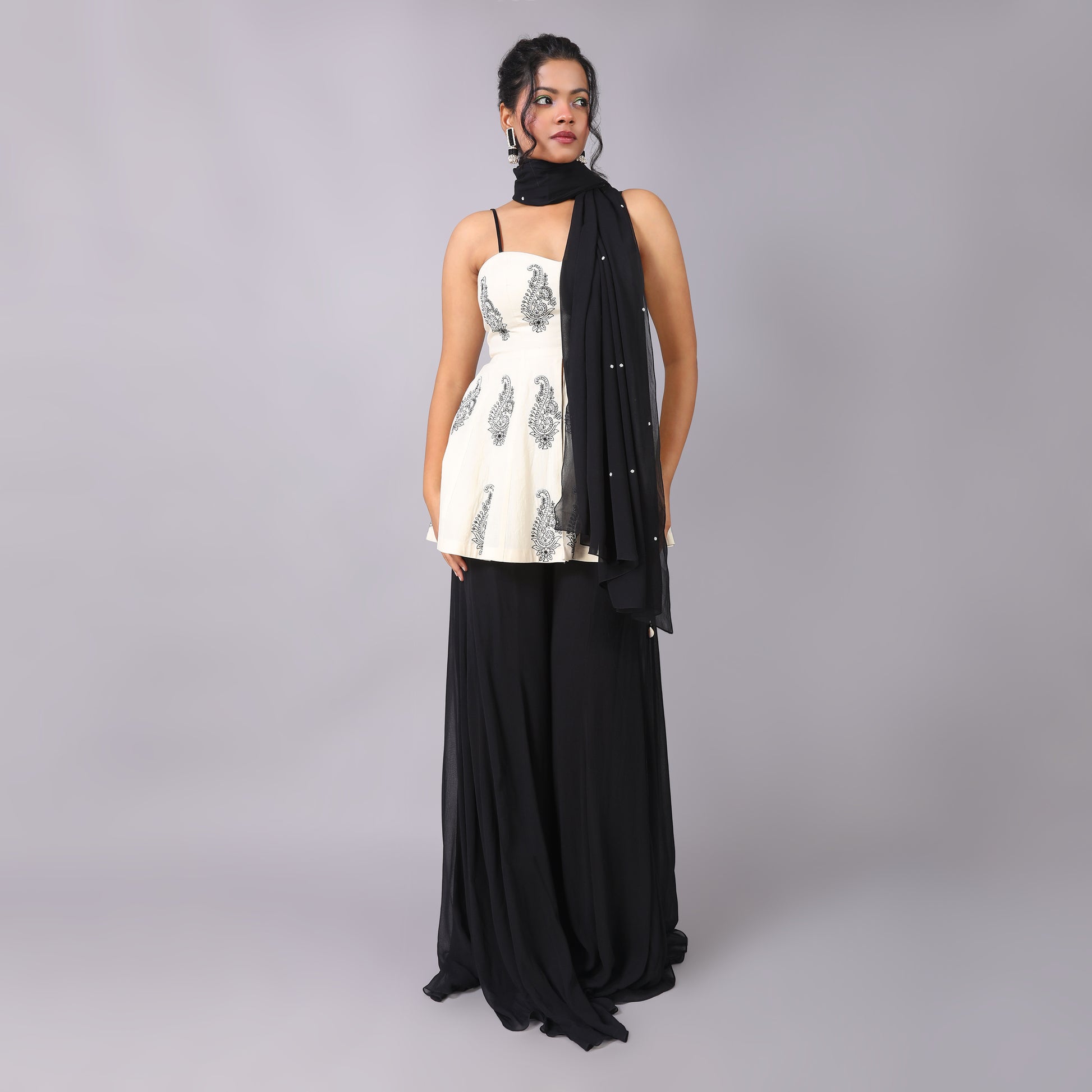 Elegant Ivory Peplum Black Georgette Sharara Beaded Dupatta