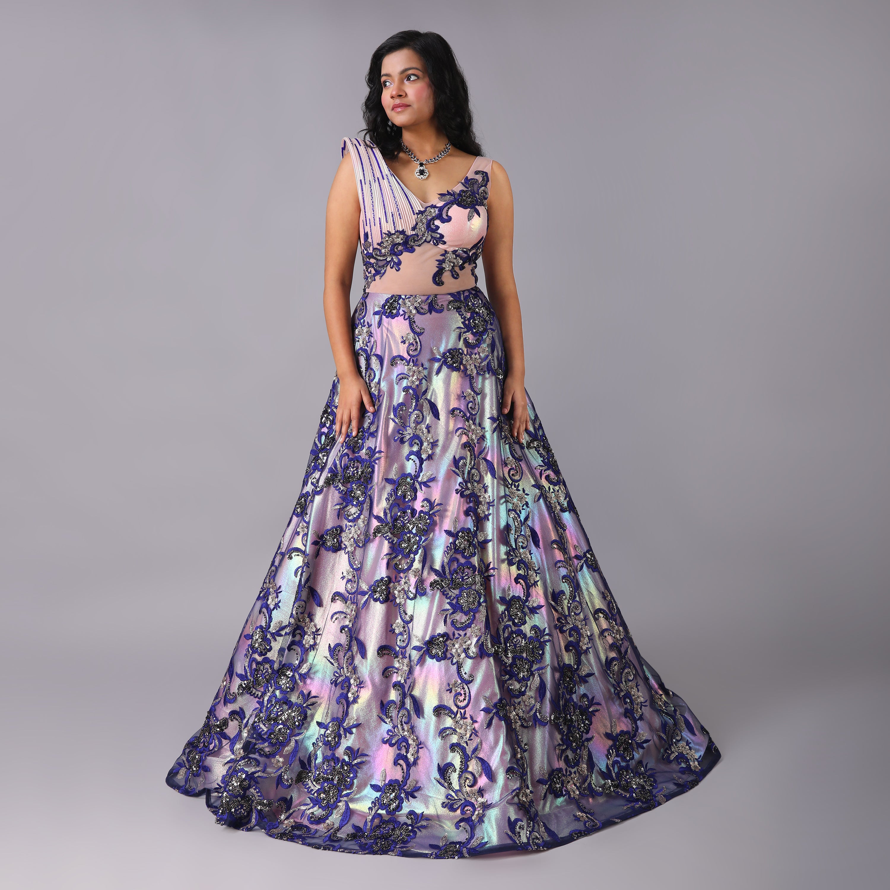 Elegant Holographic Couture Gown with Blue Floral Net Embroidery