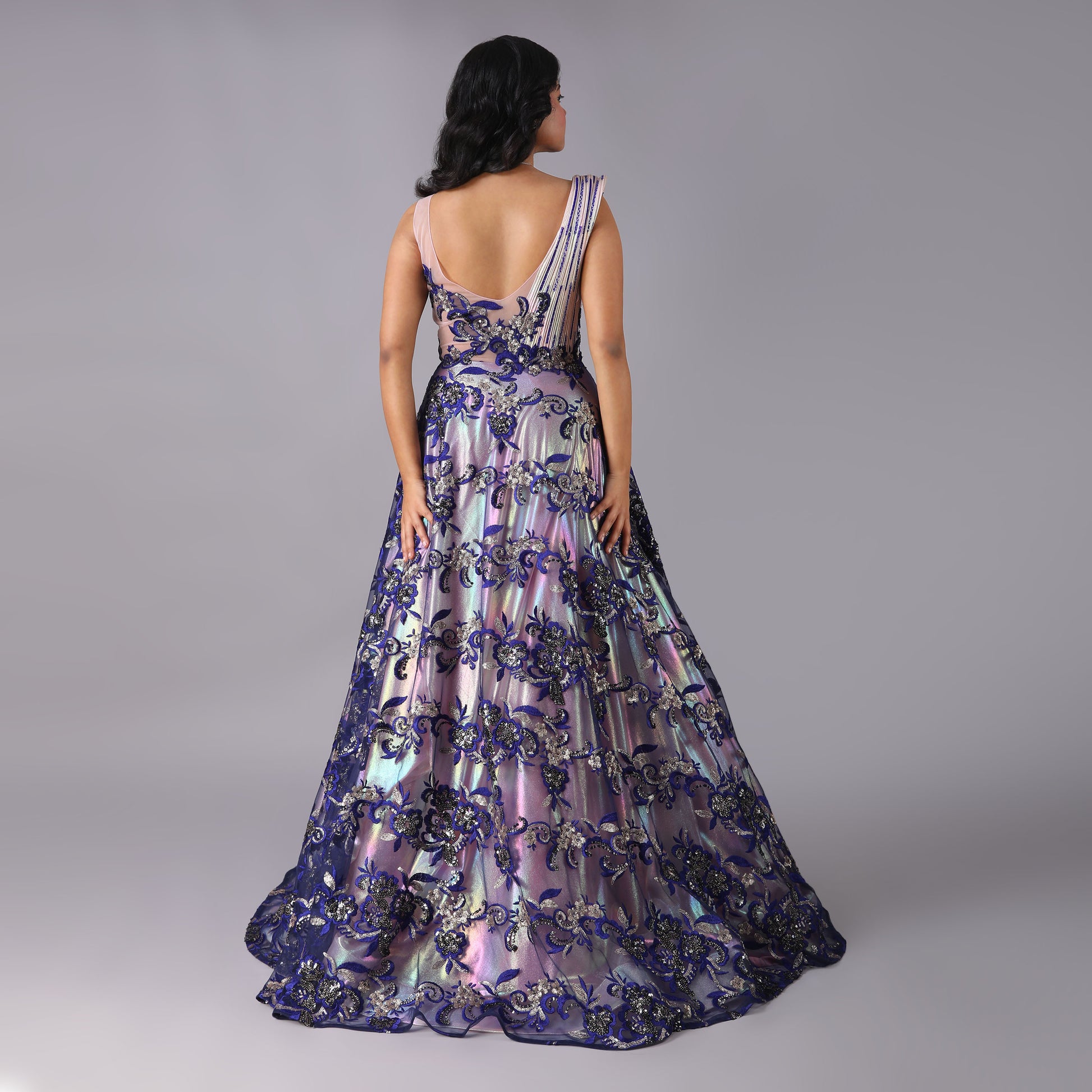 Elegant Holographic Couture Gown with Blue Floral Net Embroidery