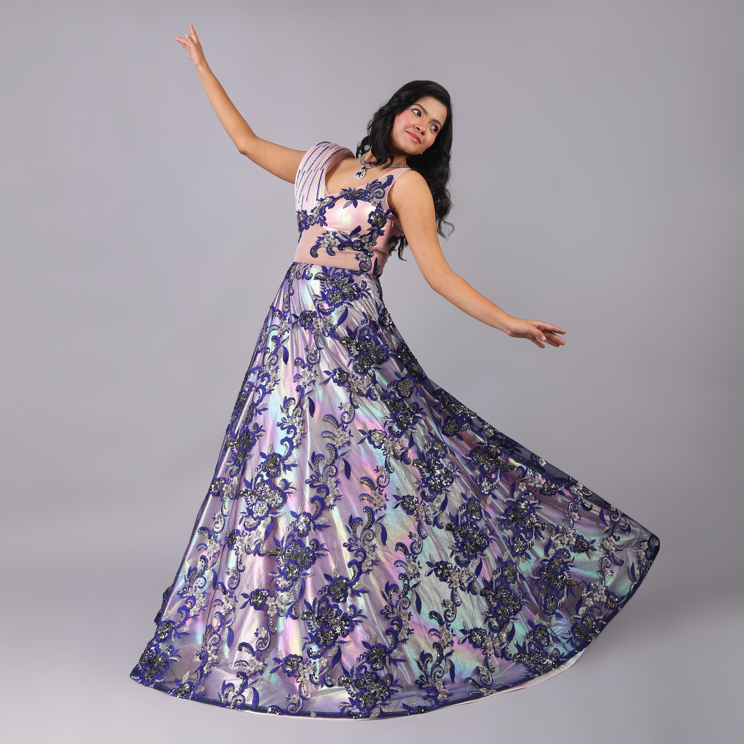 Elegant Holographic Couture Gown with Blue Floral Net Embroidery