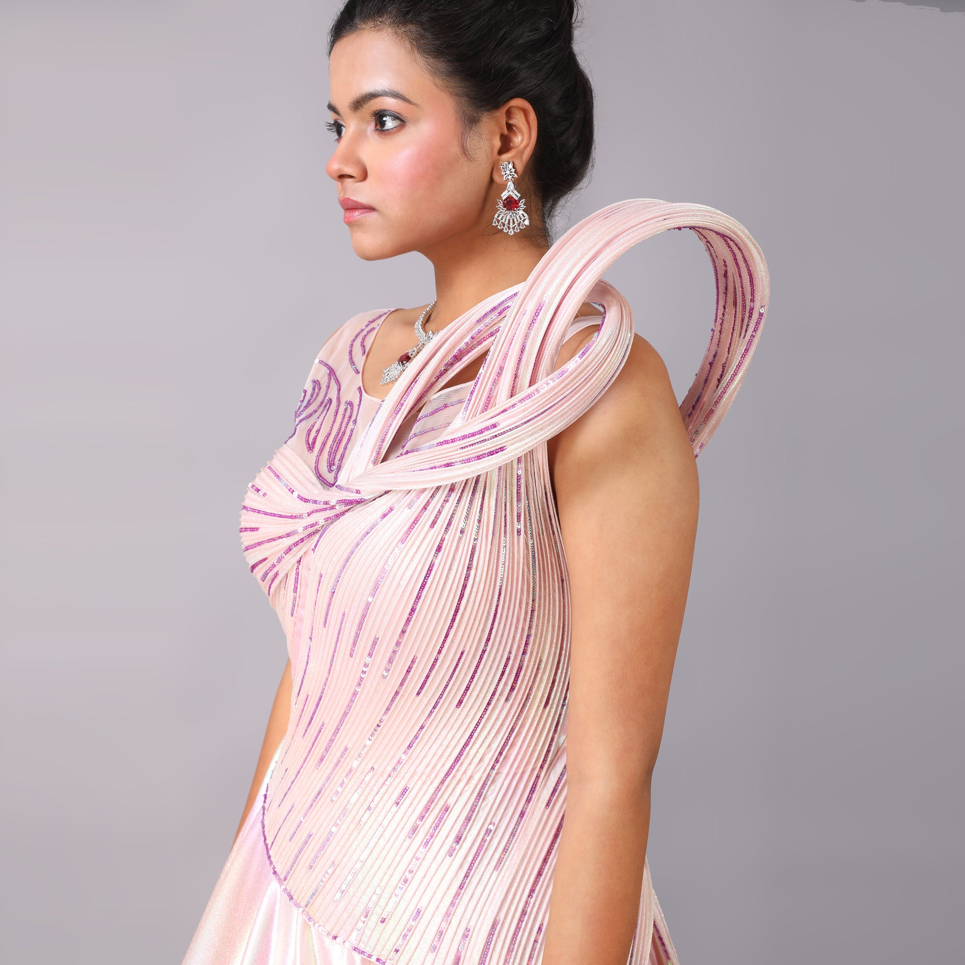 Elegant Holographic Blush Pink Sculpted Net Evening Gown