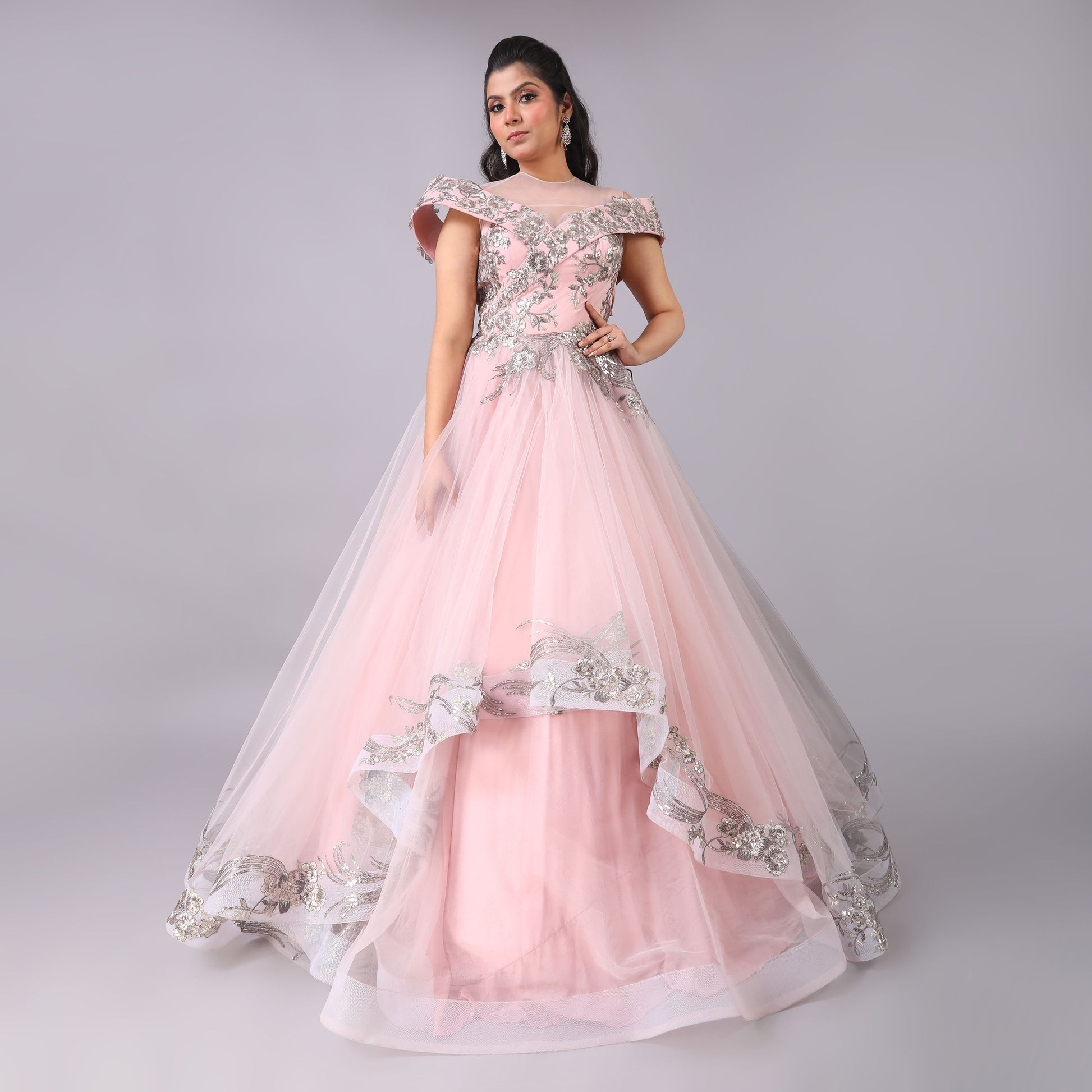 Blush Pink Off-Shoulder Net Gown with Silver Embellishments