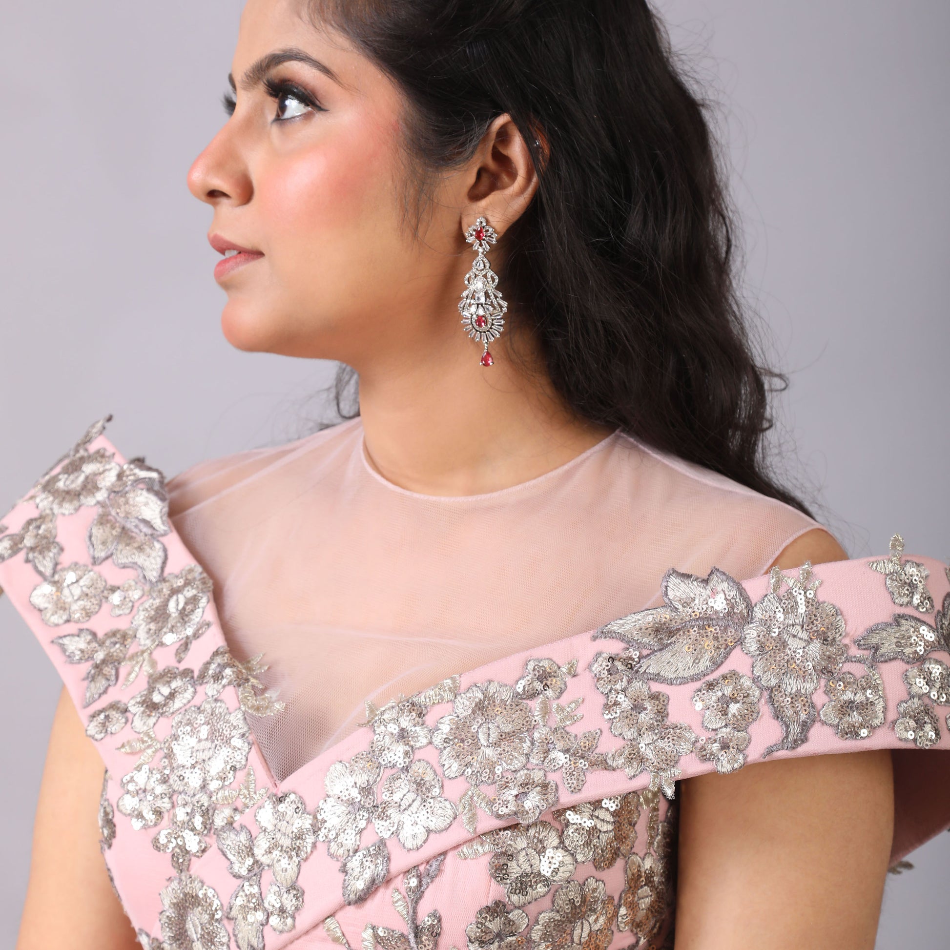 Blush Pink Off-Shoulder Net Gown with Silver Embellishments