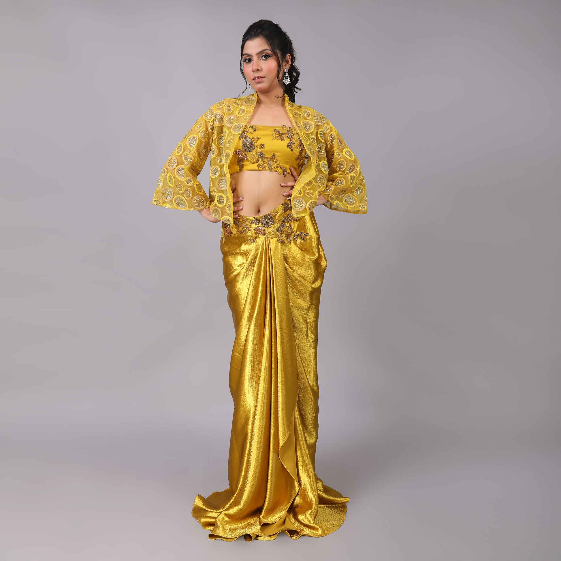 Elegant Golden Drape Skirt Hand-Embroidered Blouse & Jacket Set