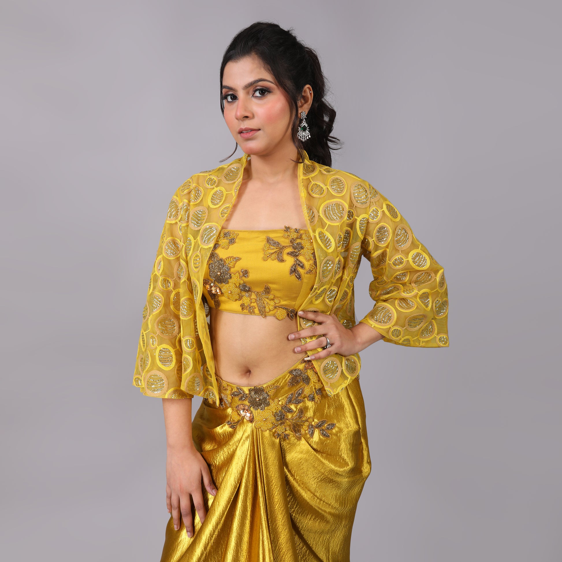 Elegant Golden Drape Skirt Hand-Embroidered Blouse & Jacket Set