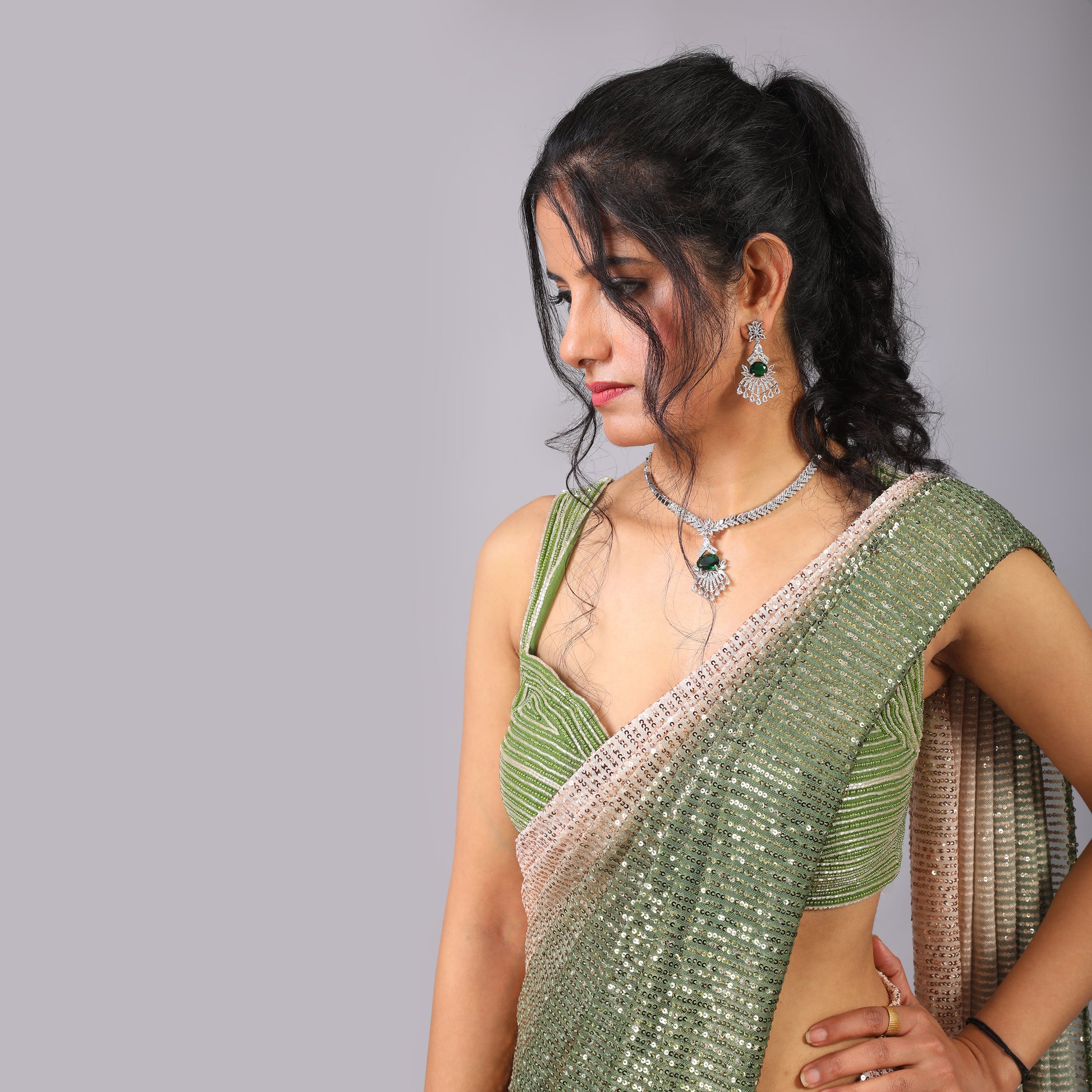 Dual-Toned Ombre Sequin Lycra Pre-Draped Saree Handwork Blouse