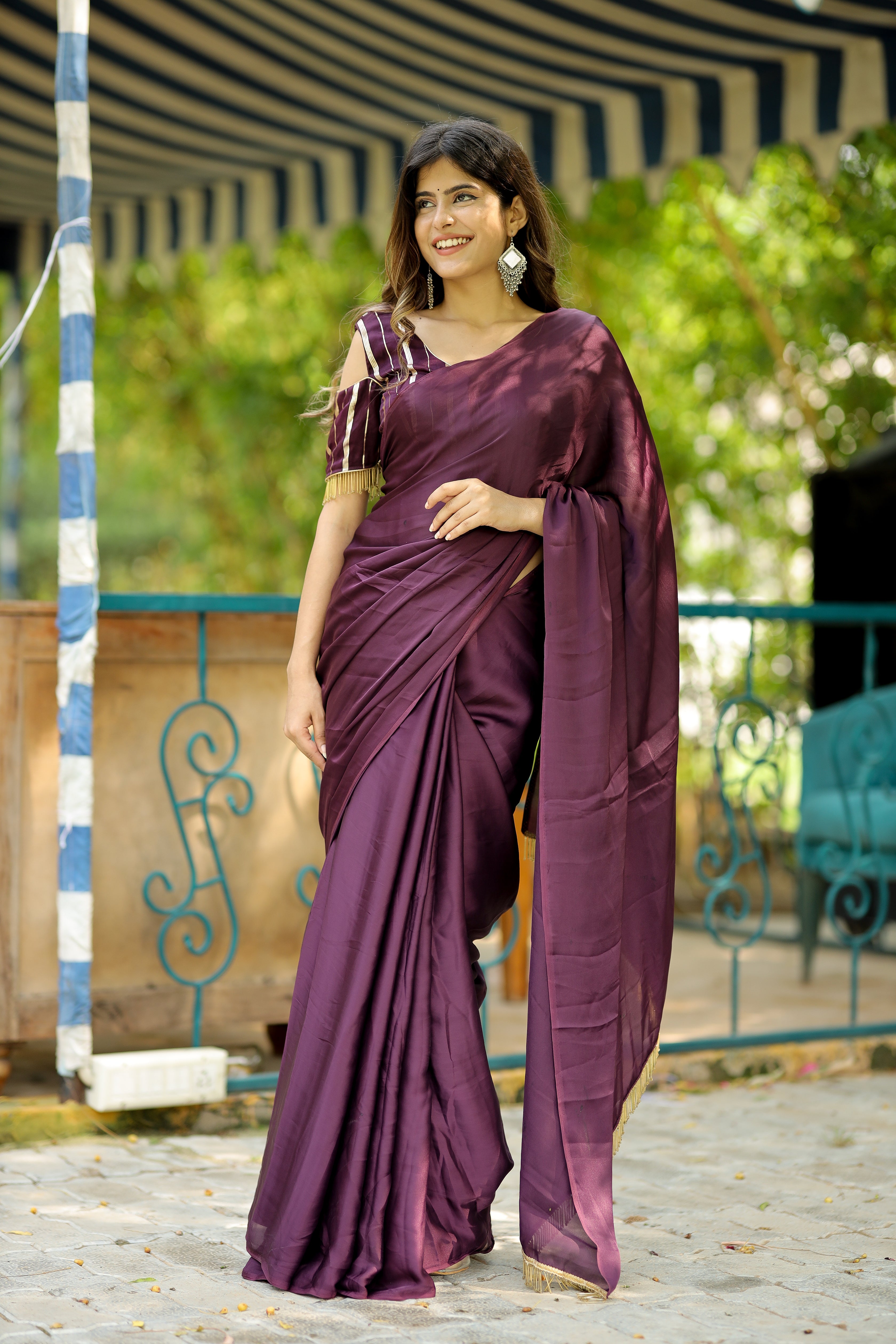 Exquisite Wine Satin Solid Saree with Stitched Blouse