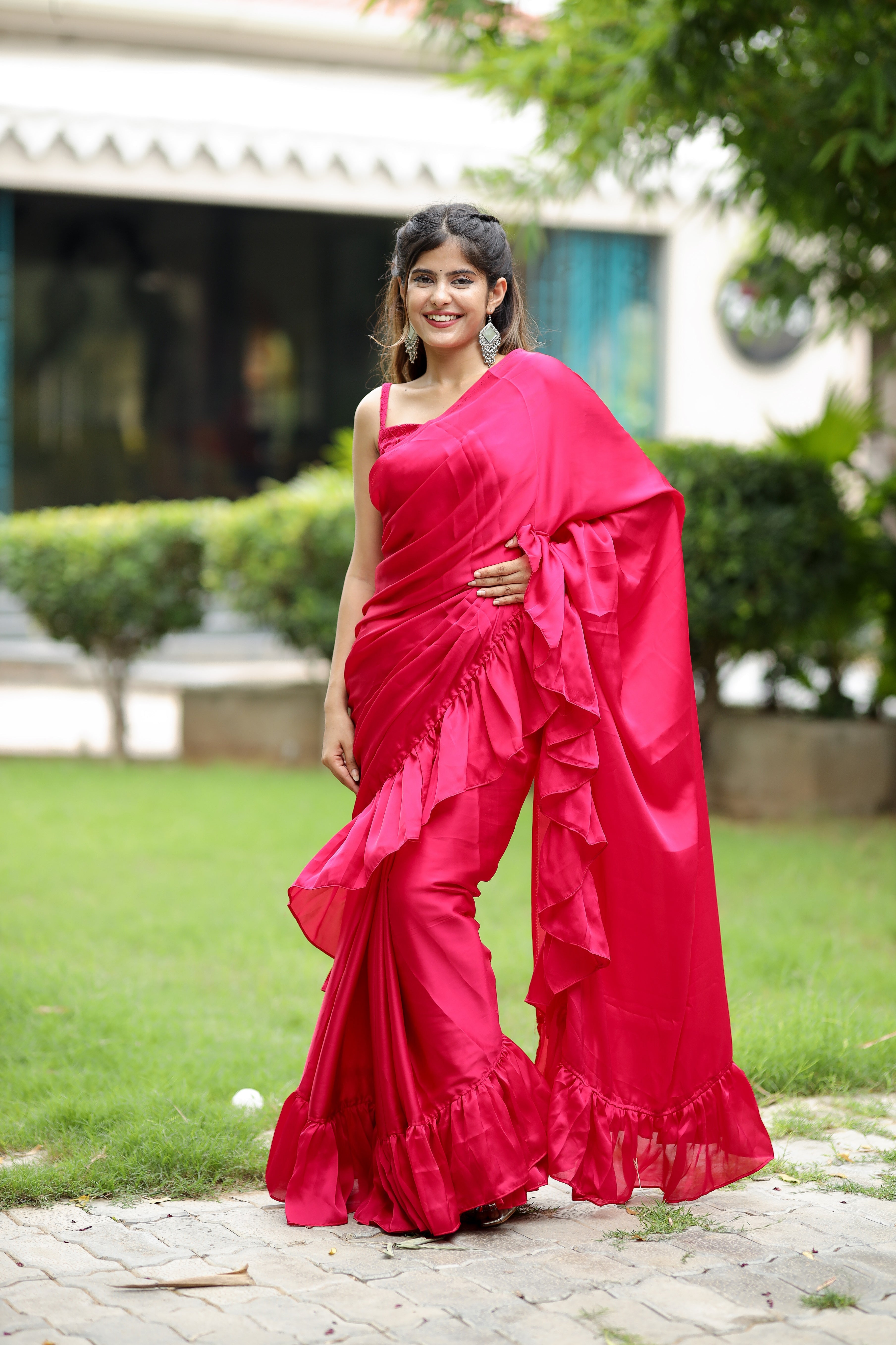 Playful Pink Printed Satin Silk Ruffle Saree