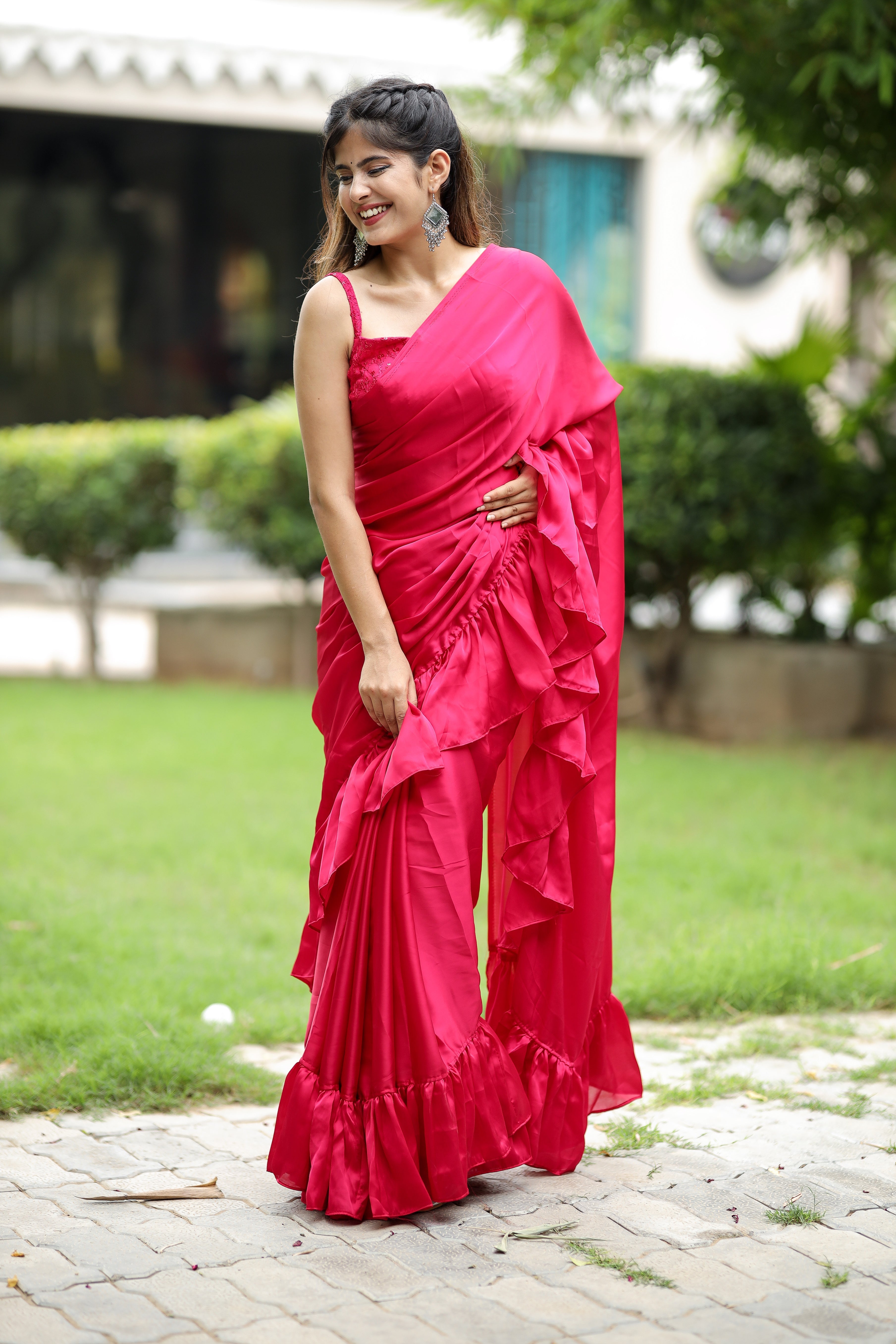 Playful Pink Printed Satin Silk Ruffle Saree