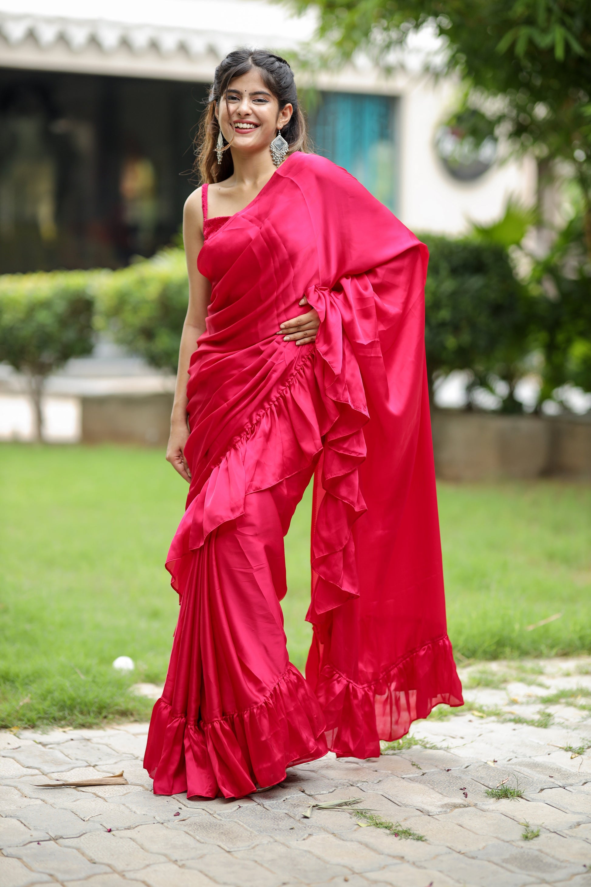 Playful Pink Printed Satin Silk Ruffle Saree