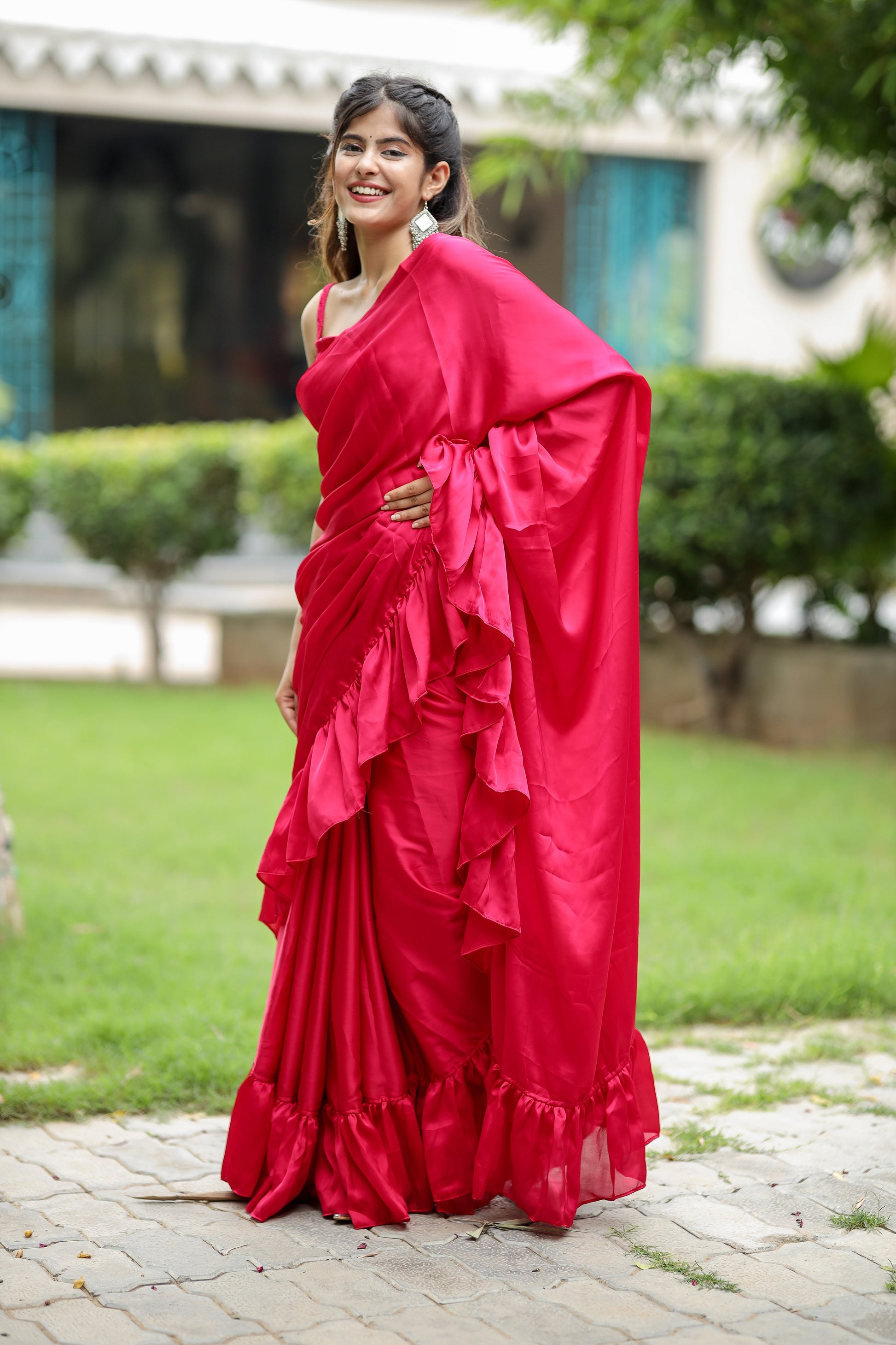 Playful Pink Printed Satin Silk Ruffle Saree