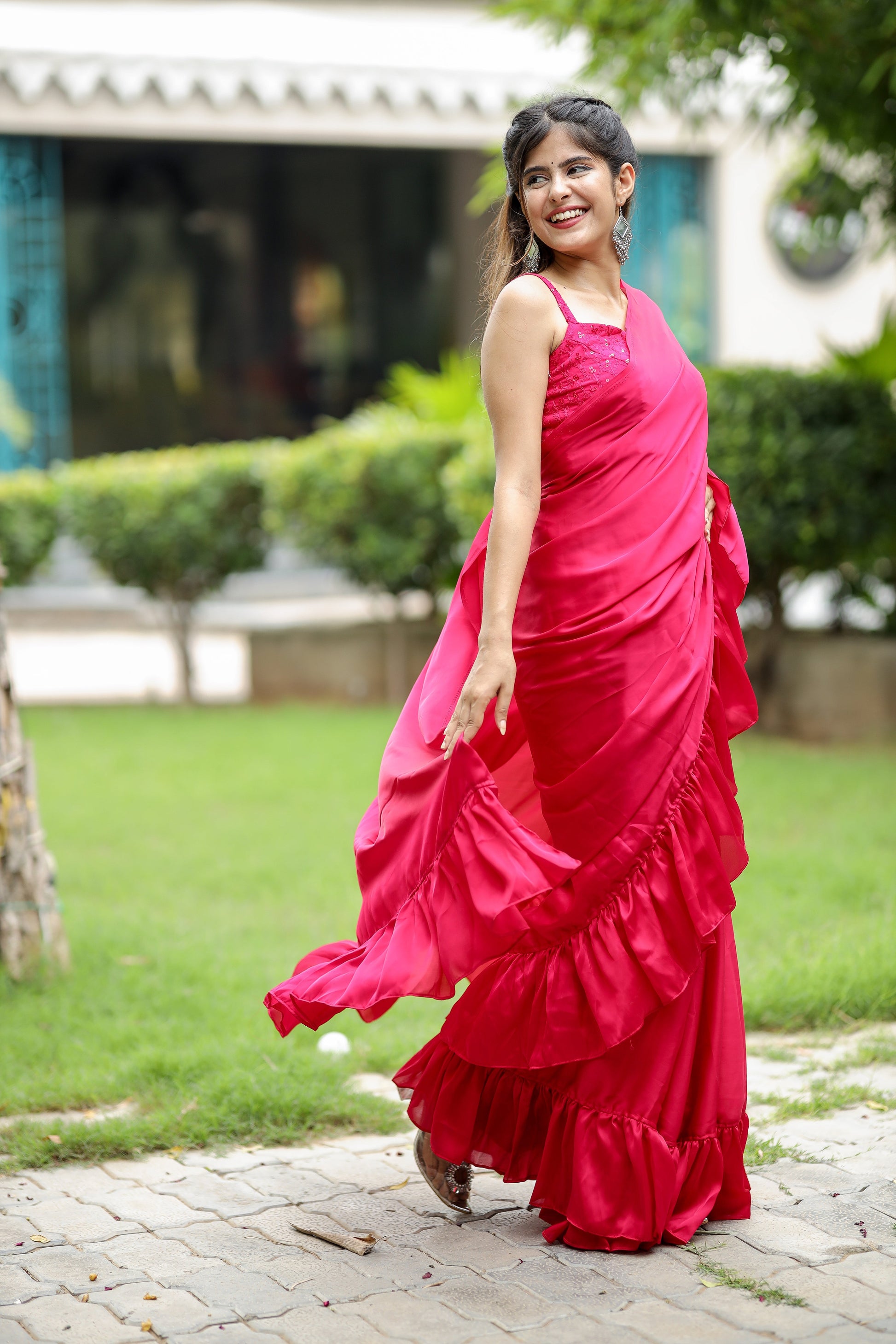 Playful Pink Printed Satin Silk Ruffle Saree
