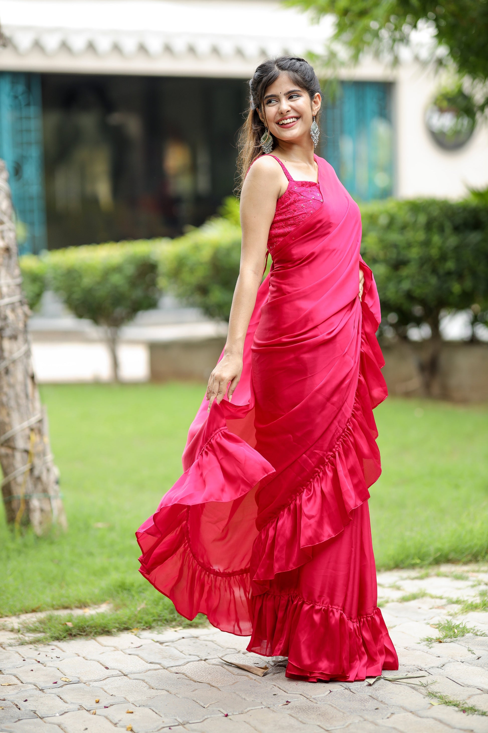 Playful Pink Printed Satin Silk Ruffle Saree