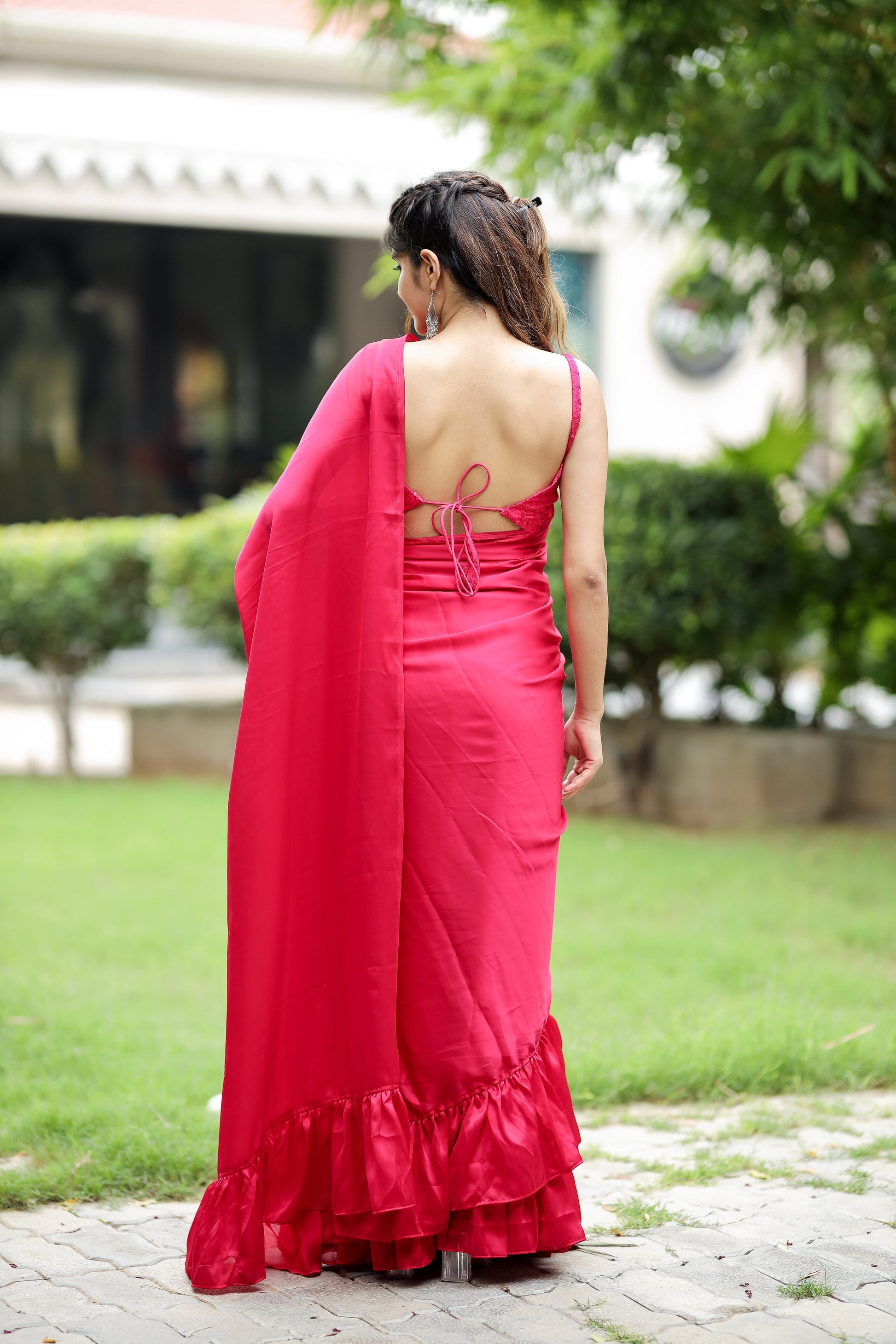 Playful Pink Printed Satin Silk Ruffle Saree