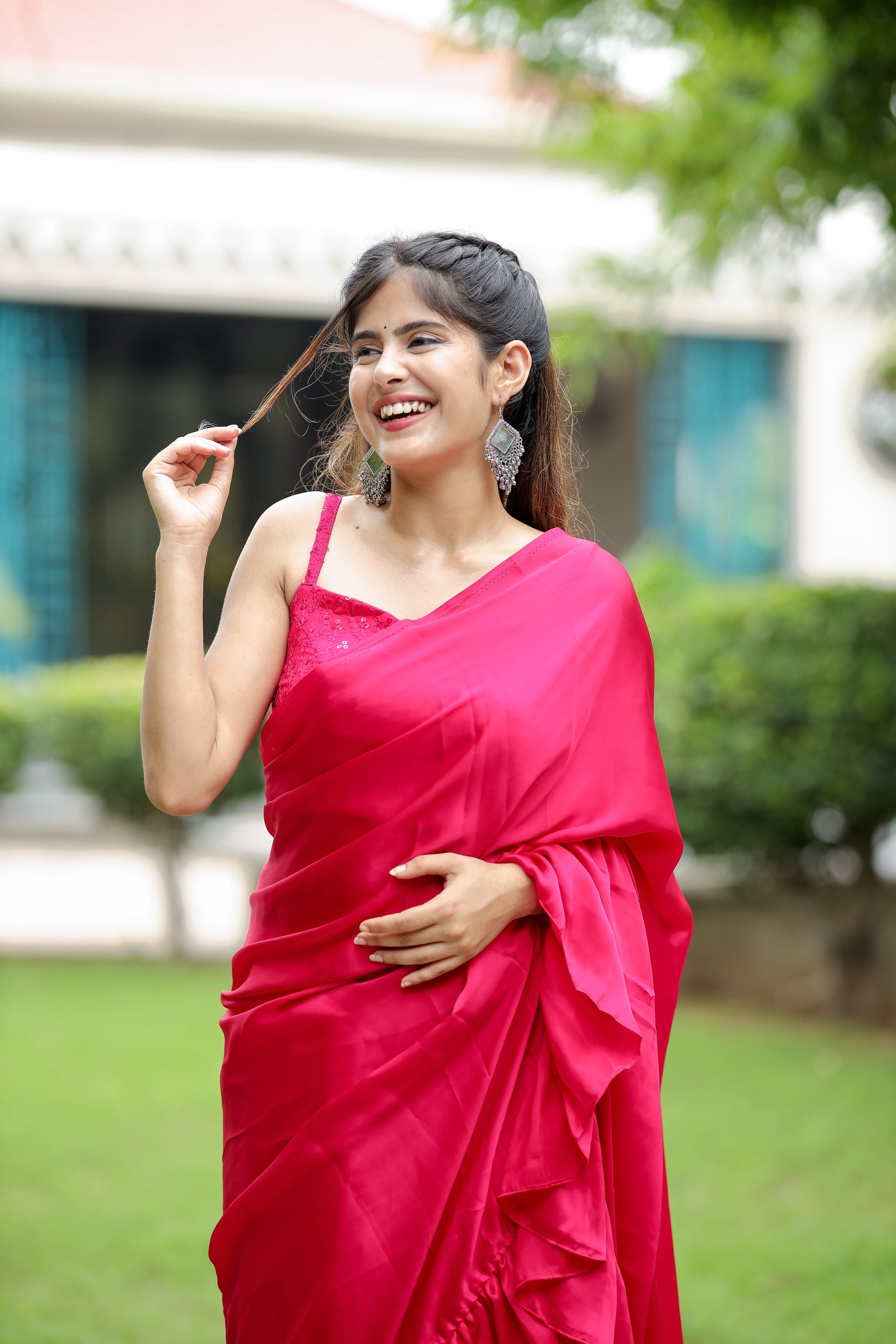 Playful Pink Printed Satin Silk Ruffle Saree