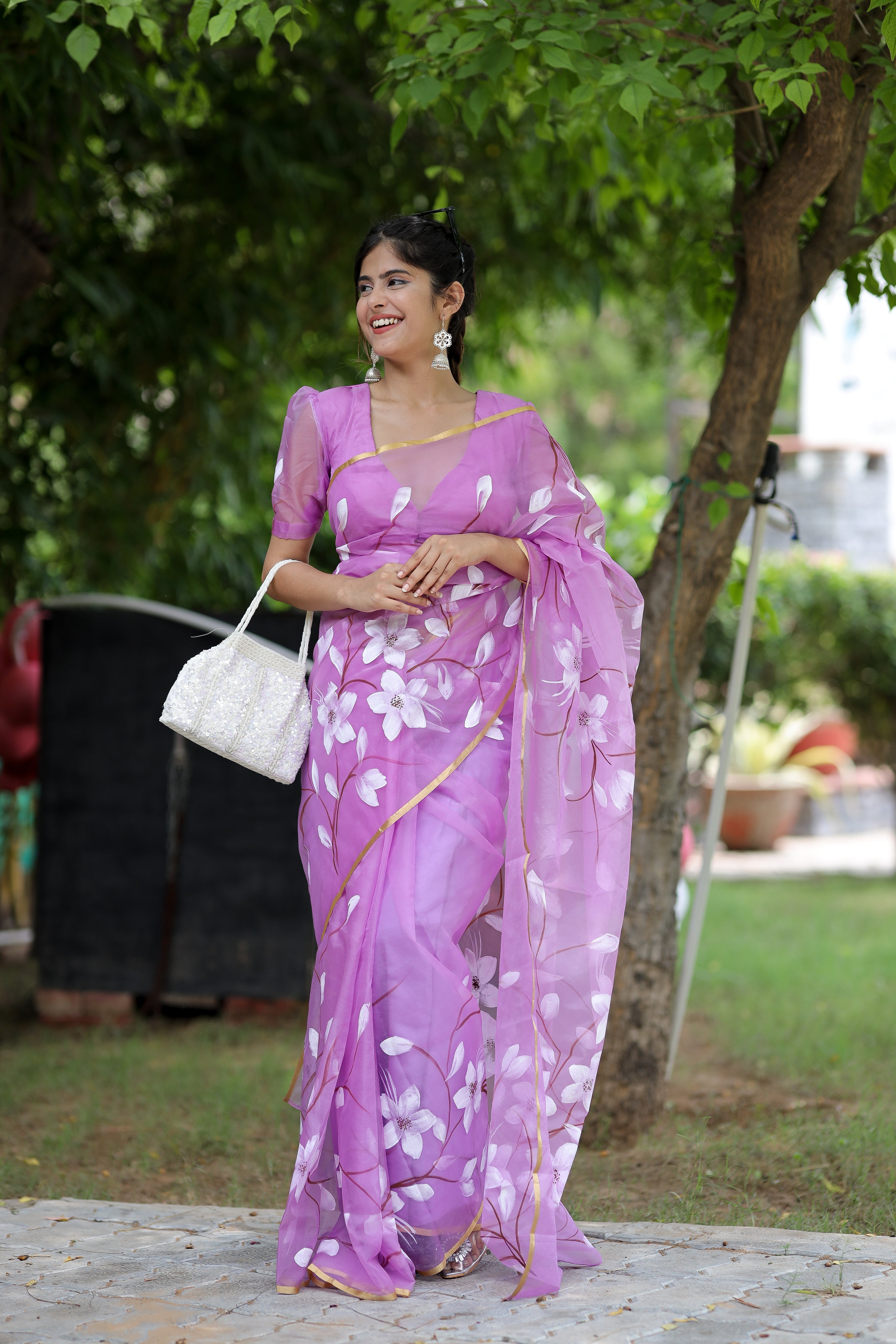 Elegant Purple Organza Handpainted Floral Saree Golden Highlights