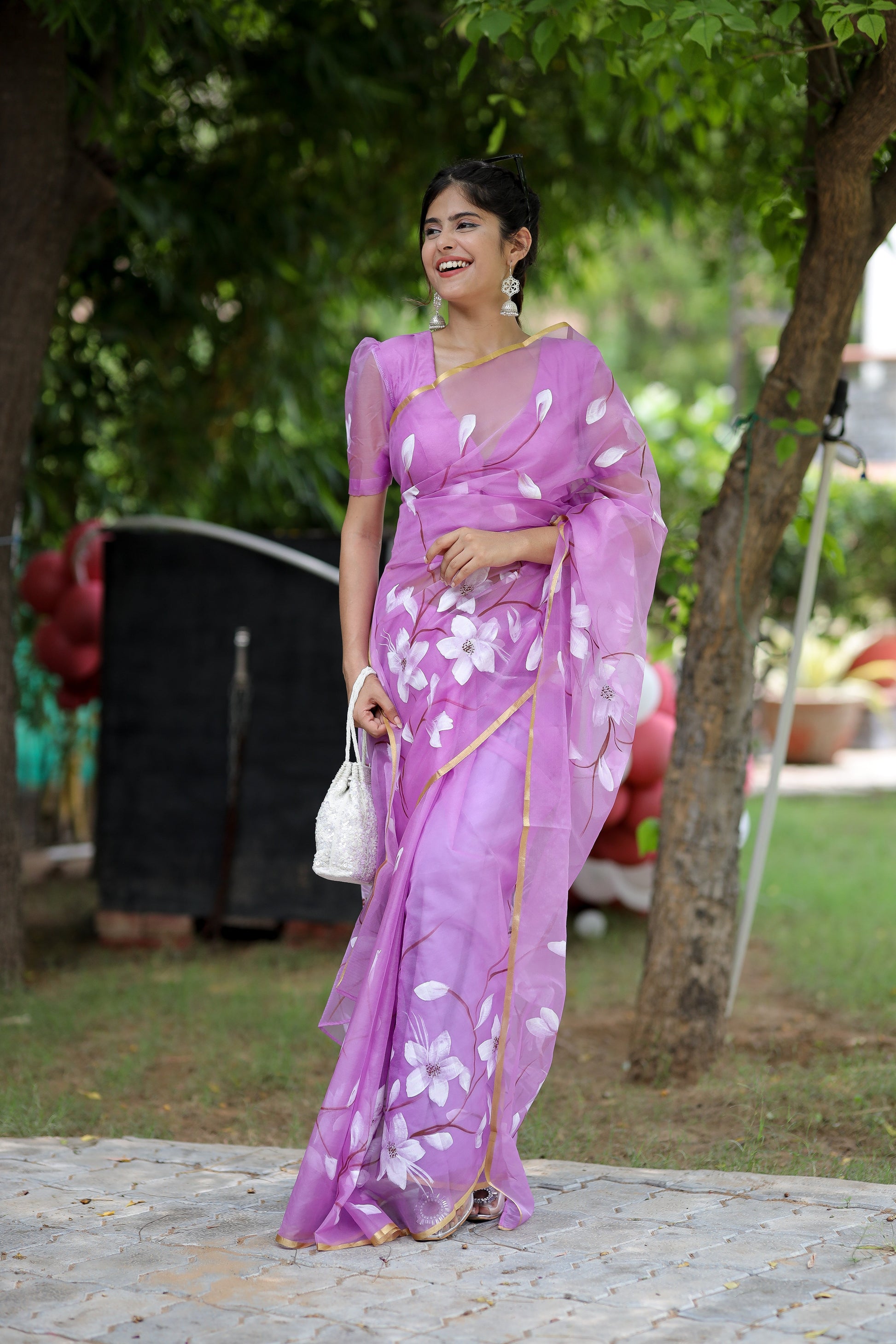 Elegant Purple Organza Handpainted Floral Saree Golden Highlights