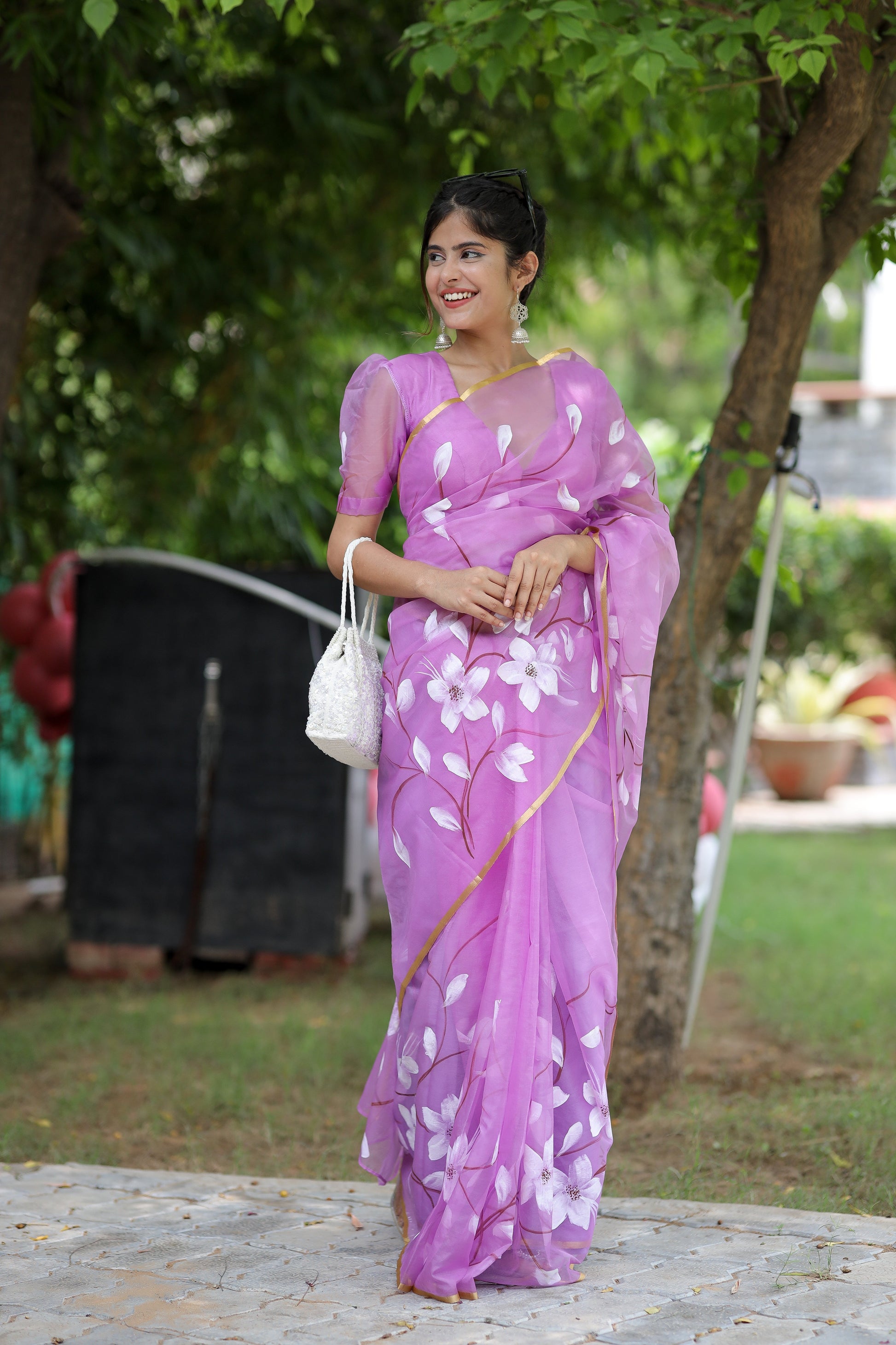 Elegant Purple Organza Handpainted Floral Saree Golden Highlights