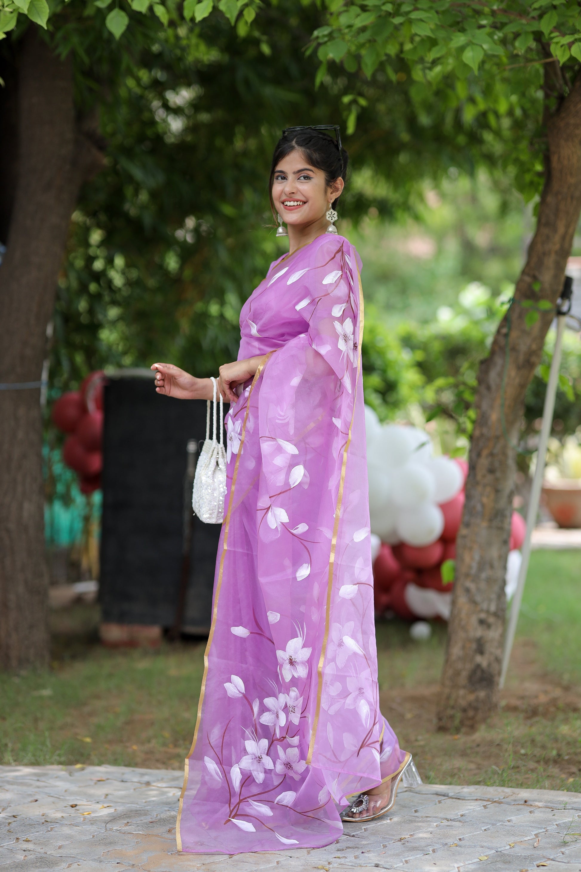 Elegant Purple Organza Handpainted Floral Saree Golden Highlights