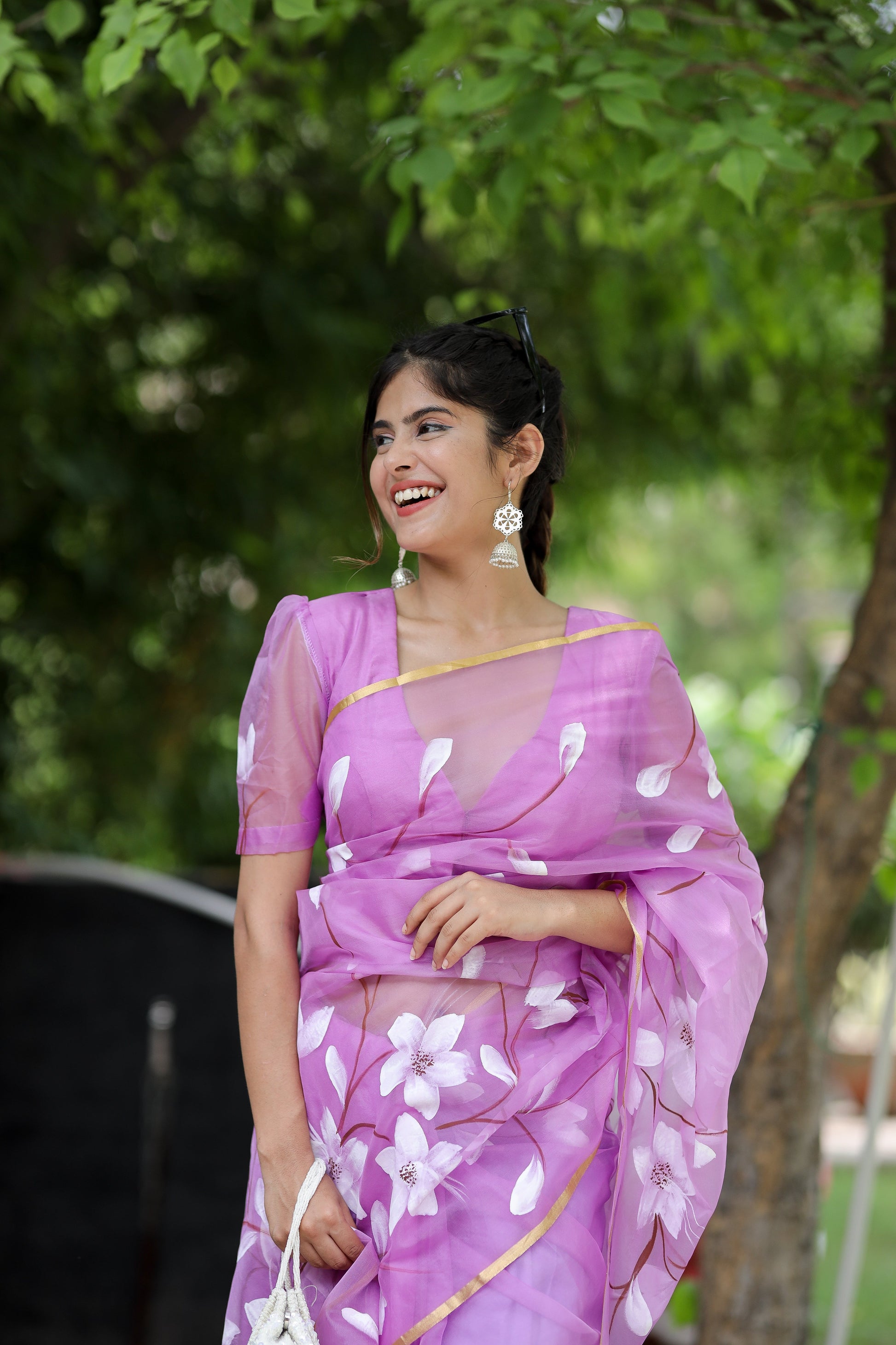 Elegant Purple Organza Handpainted Floral Saree Golden Highlights