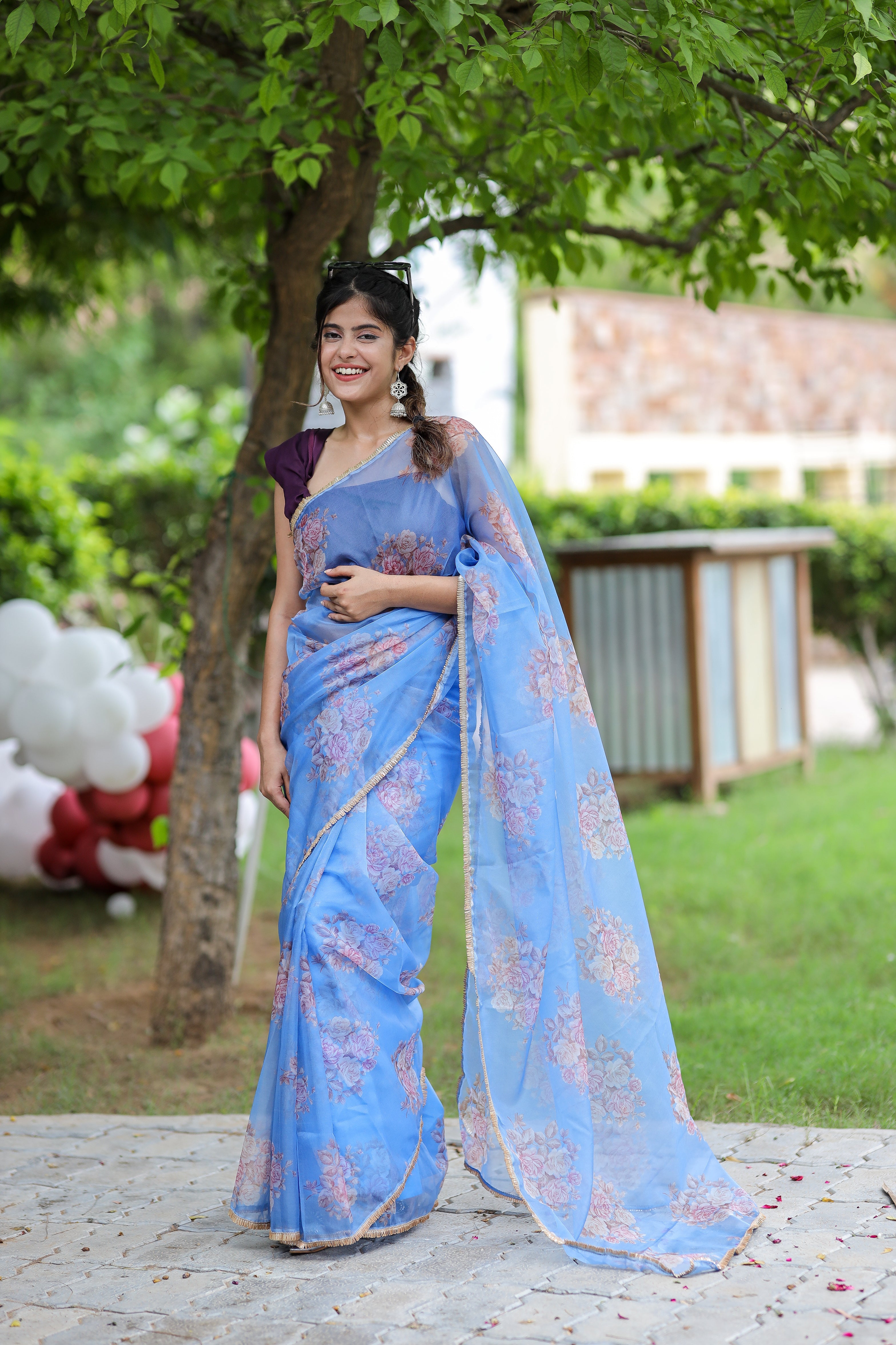 Cool Blue Printed Organza Saree Floral