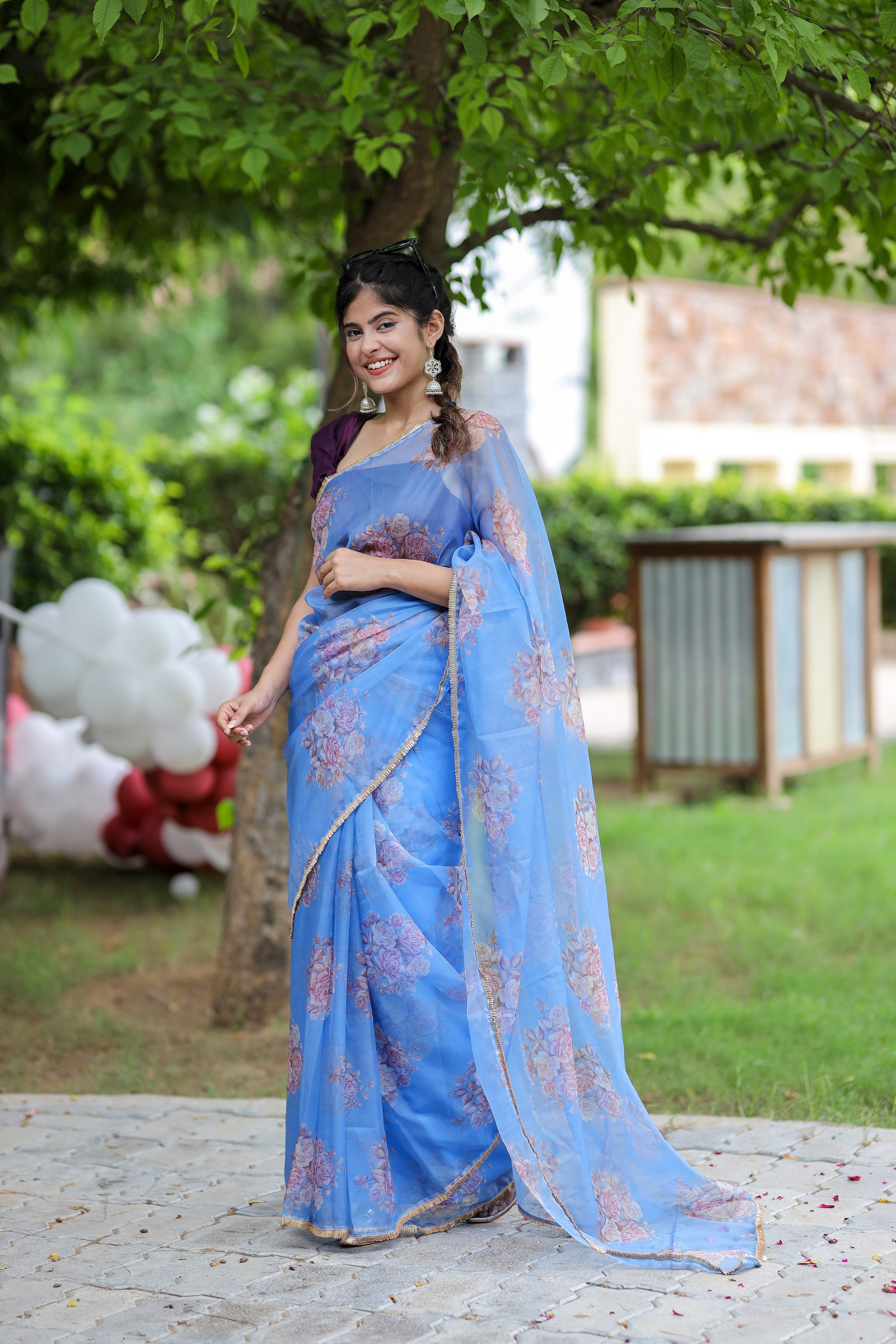 Cool Blue Printed Organza Saree Floral