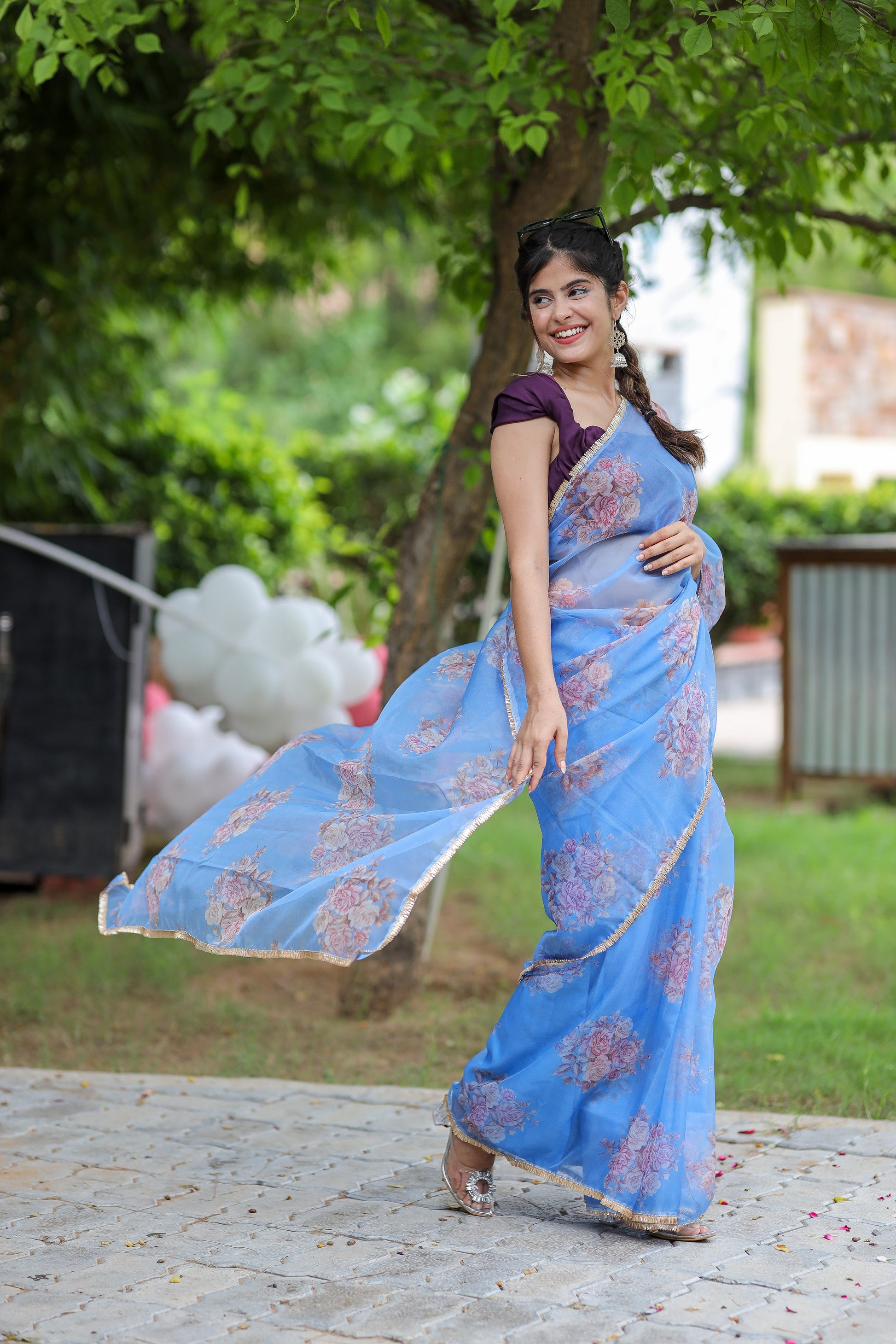 Cool Blue Printed Organza Saree Floral