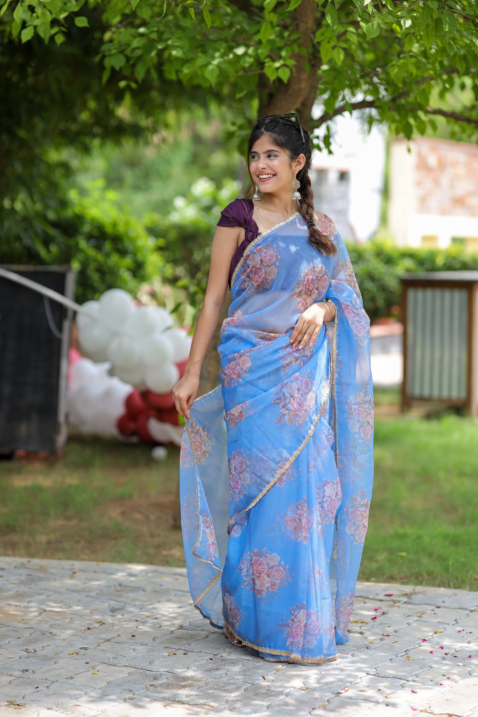 Cool Blue Printed Organza Saree Floral