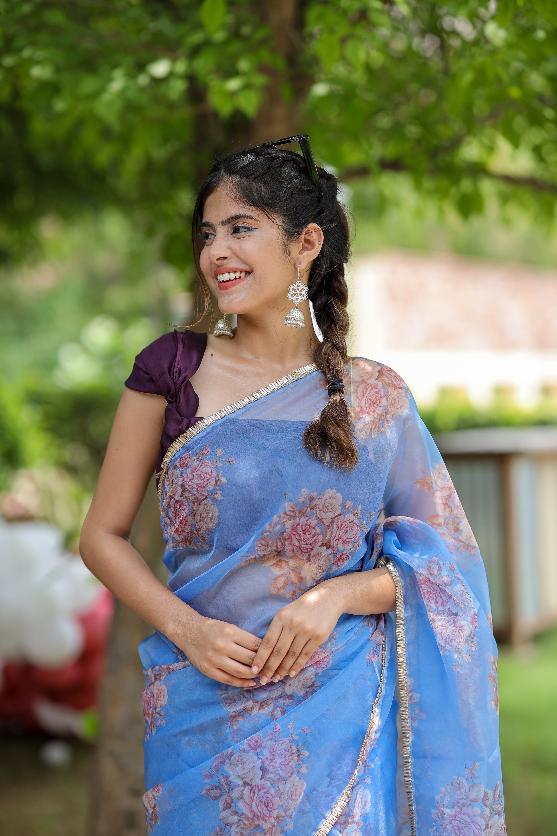 Cool Blue Printed Organza Saree Floral