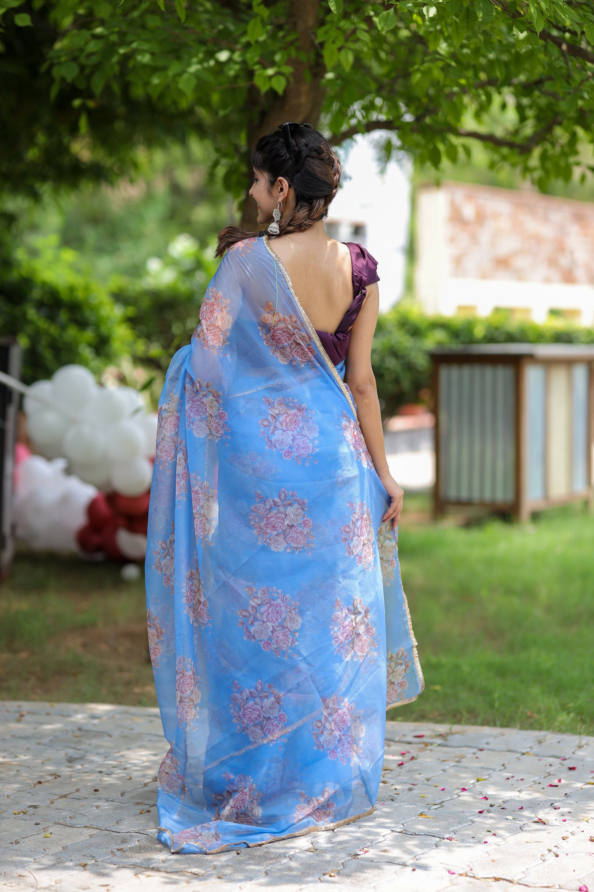 Cool Blue Printed Organza Saree Floral