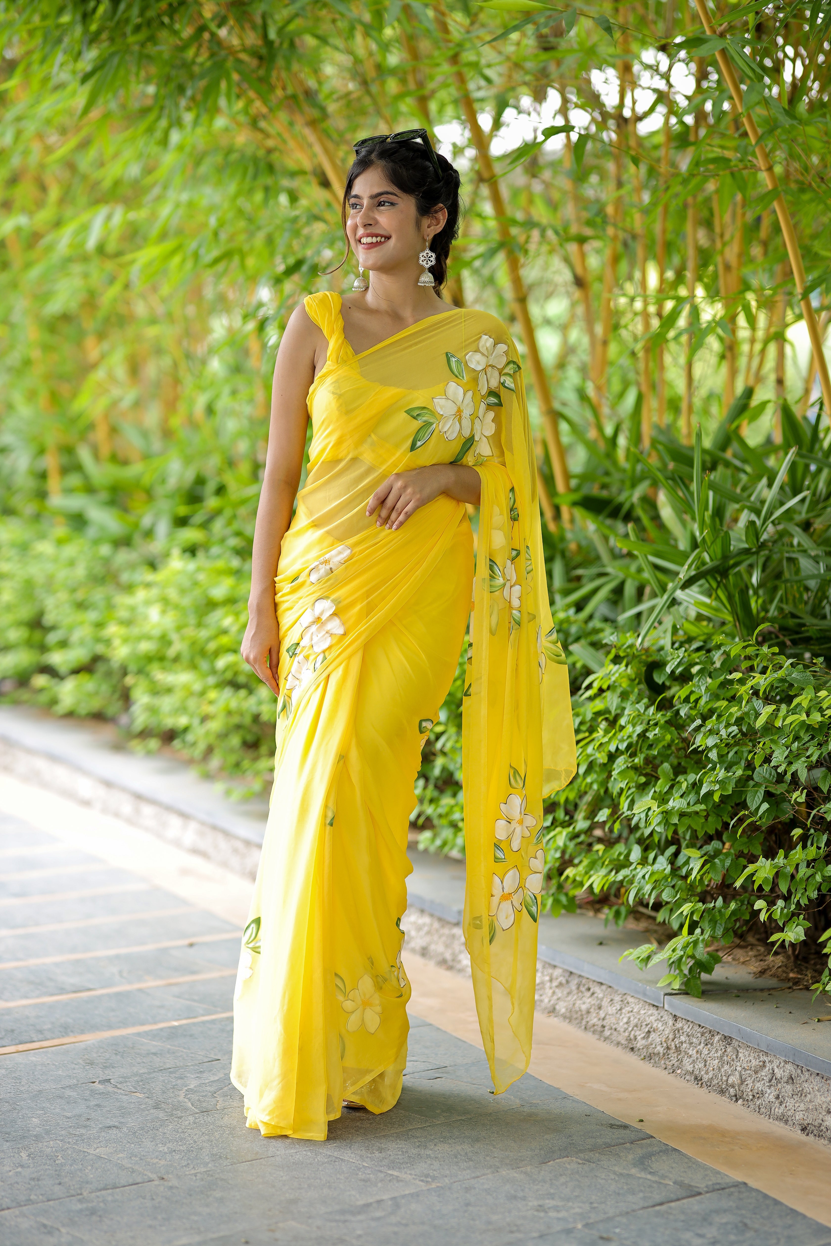 Radiant Yellow Classy Handpainted Chiffon Saree Floral