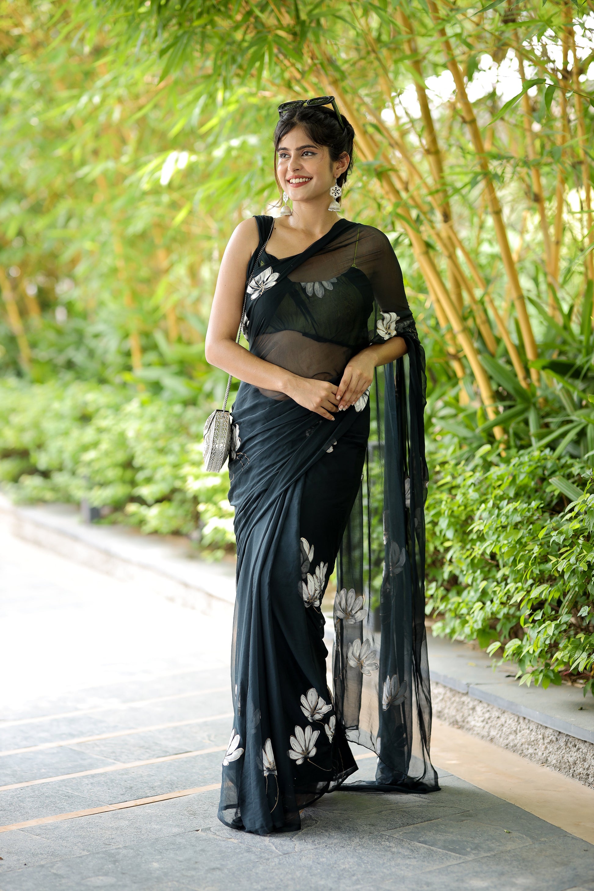 Elegant Black Grey Handpainted Chiffon Saree Floral