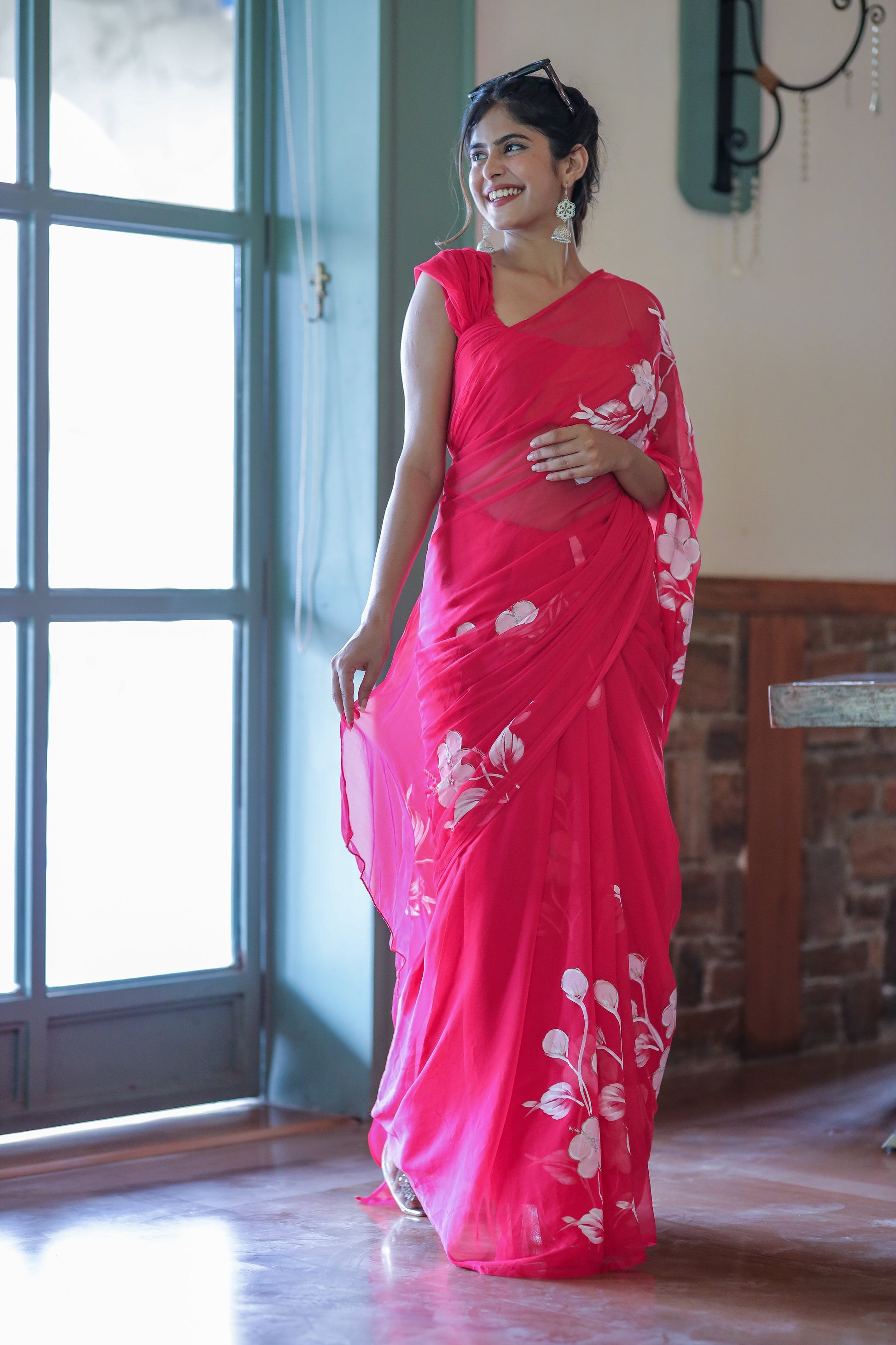 Breathtaking Rani Pink Handpainted Chiffon Saree White Floral