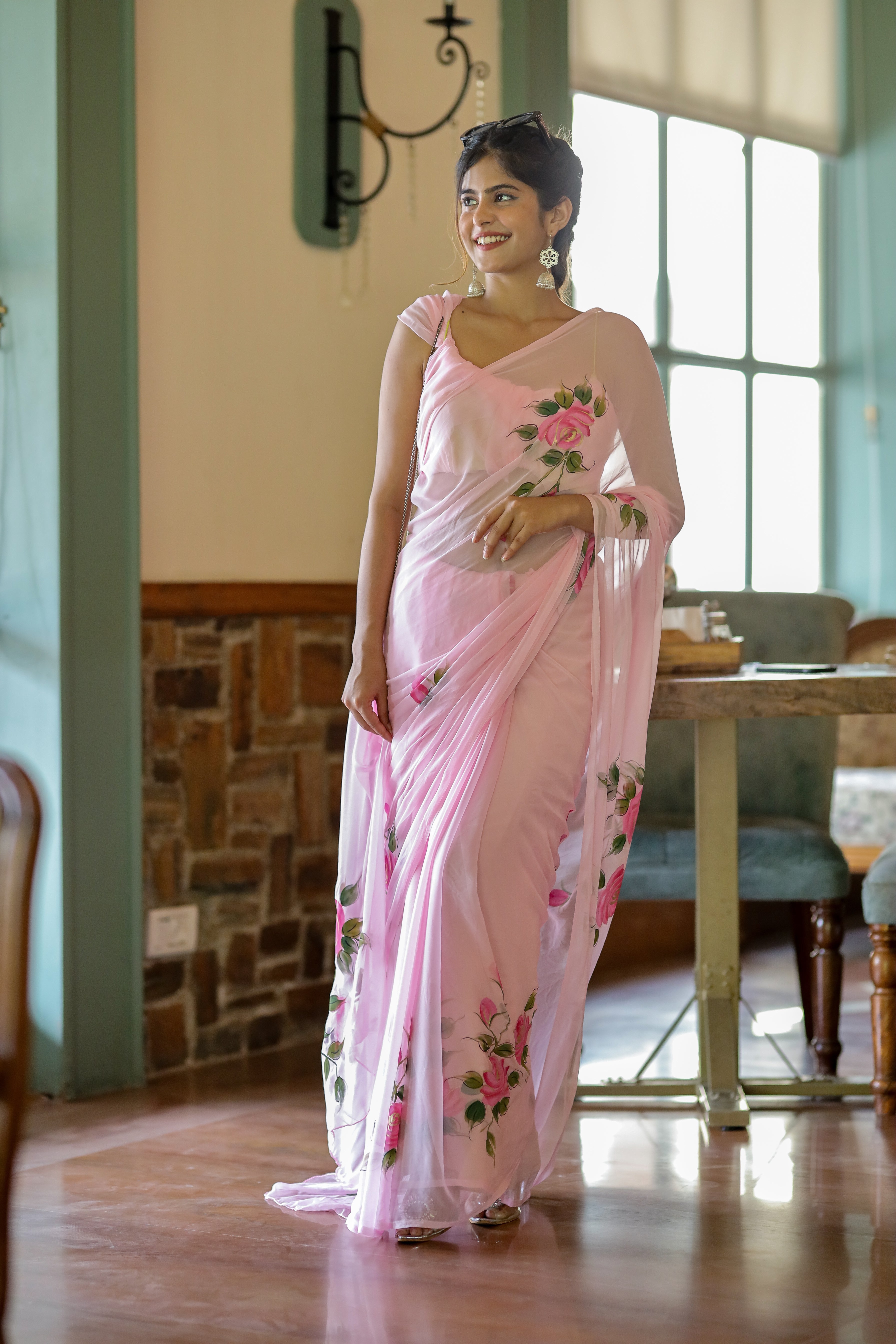 Understated Light Pink Handpainted Chiffon Saree Floral