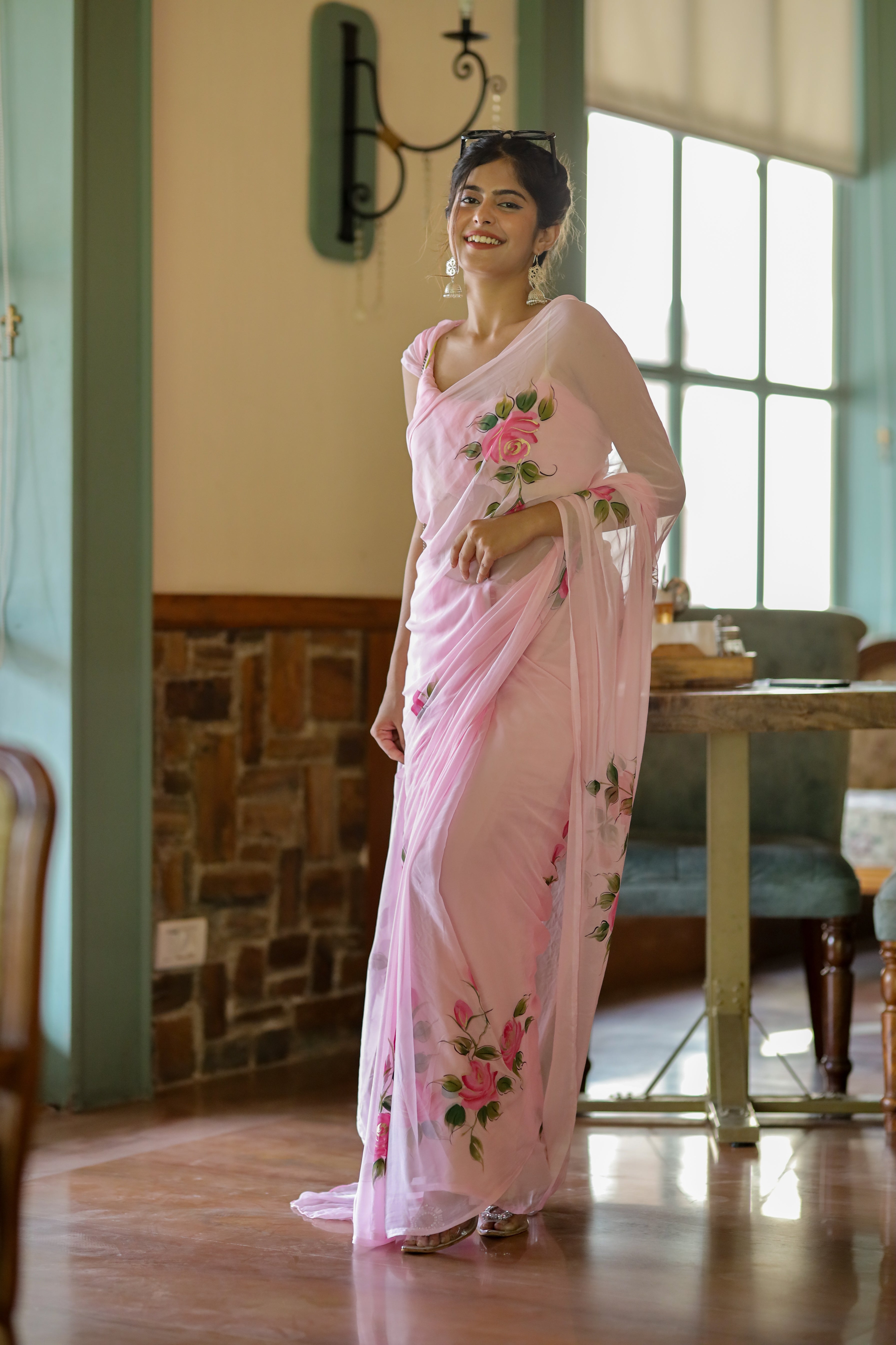 Understated Light Pink Handpainted Chiffon Saree Floral