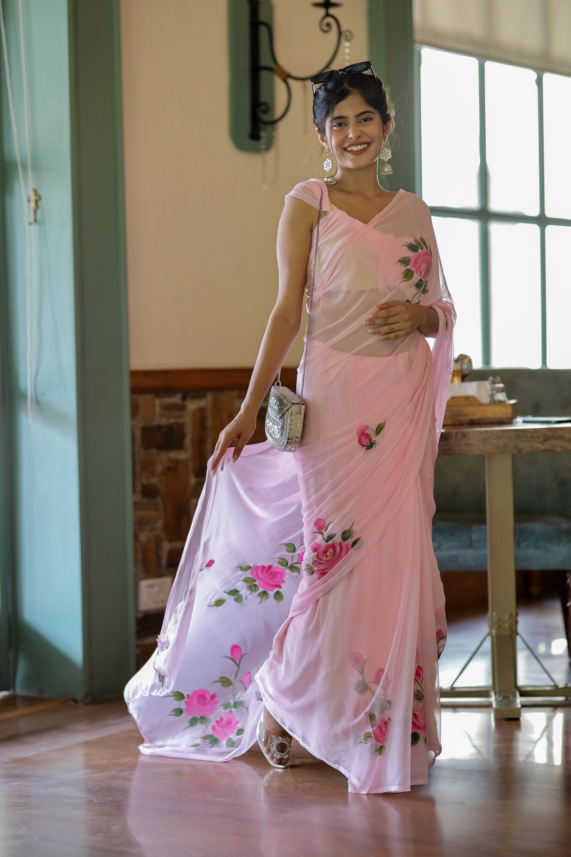 Understated Light Pink Handpainted Chiffon Saree Floral