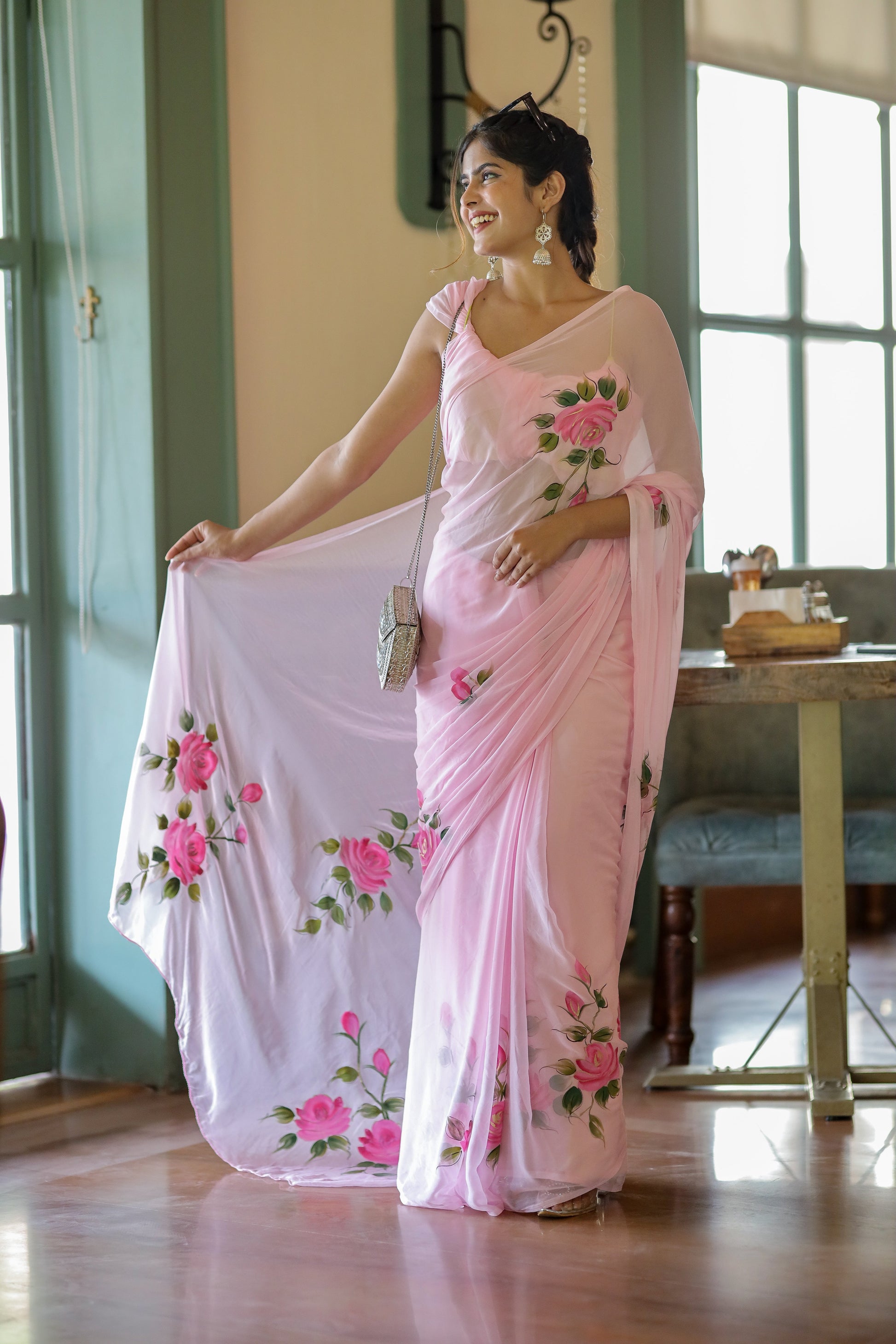 Understated Light Pink Handpainted Chiffon Saree Floral