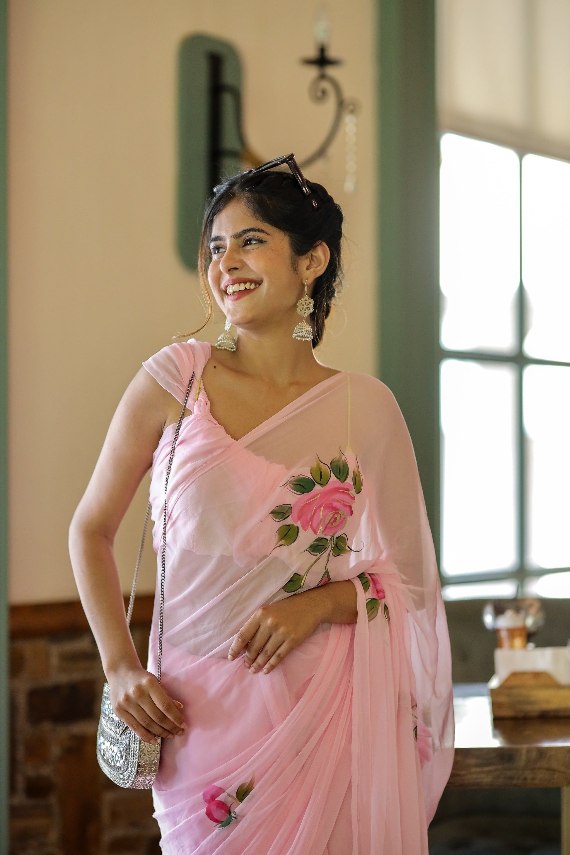 Understated Light Pink Handpainted Chiffon Saree Floral