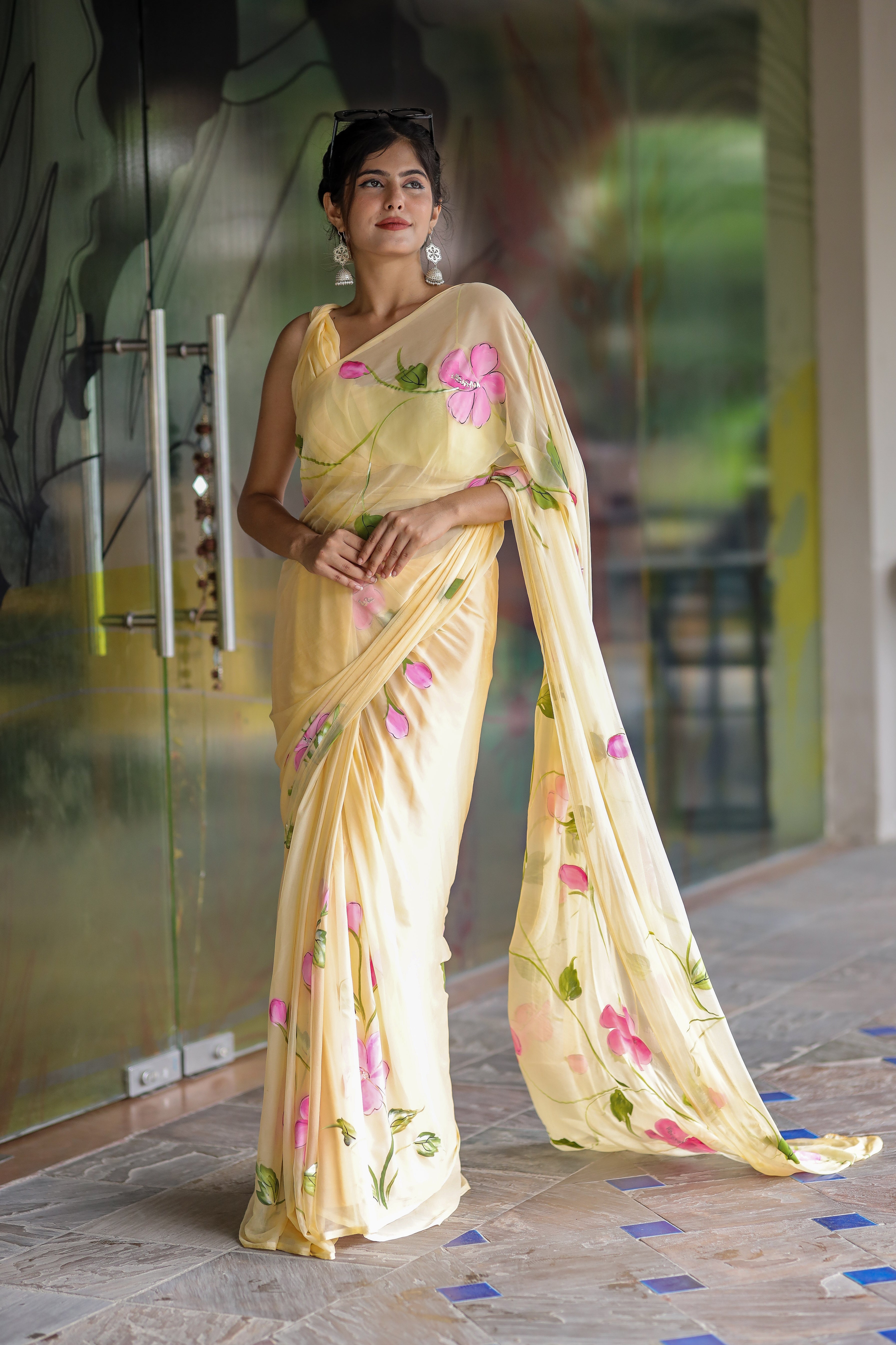 Gentle Pastel Yellow Handpainted Chiffon Saree Floral