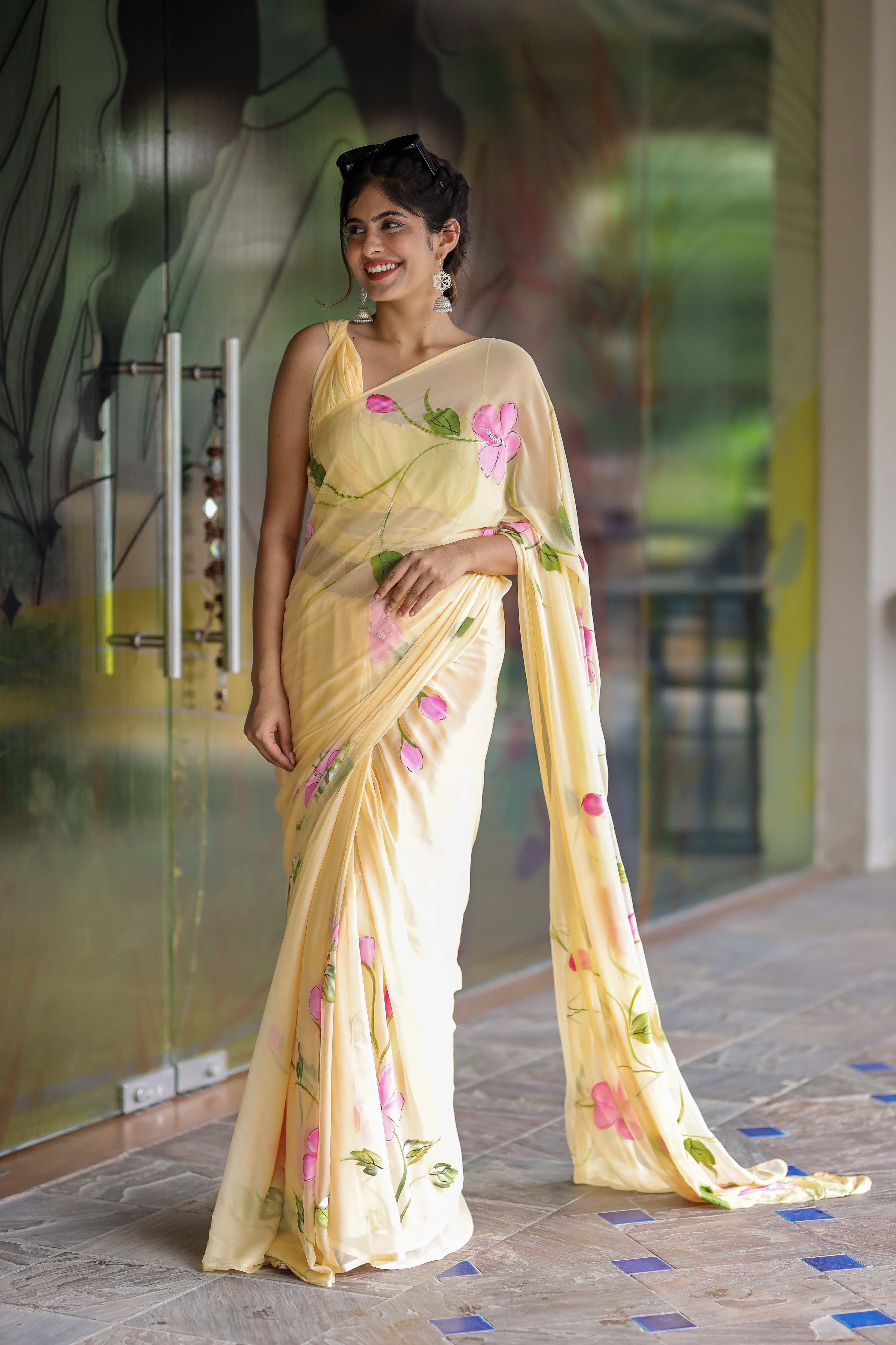 Gentle Pastel Yellow Handpainted Chiffon Saree Floral