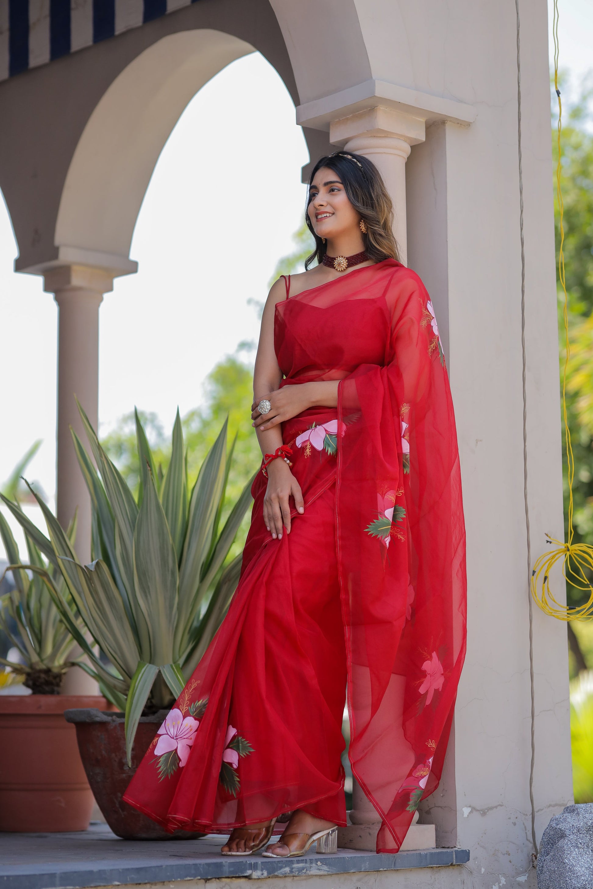 Striking Red Pure Organza Handpainted Floral Saree